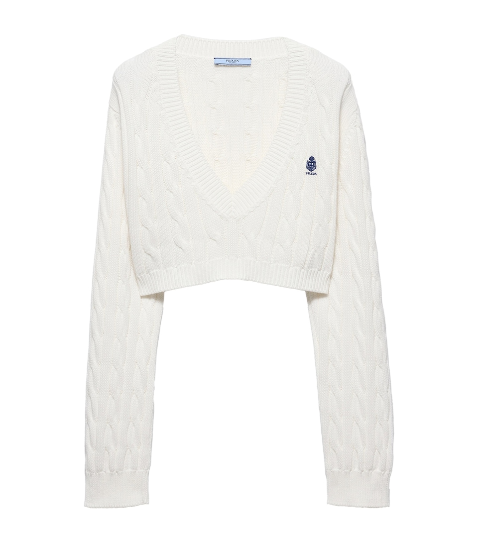 Prada Womens Cotton Cable-Knit Logo Sweater White