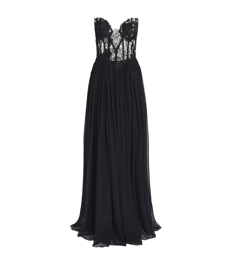 Pamella Roland Womens Silk-Lace Corseted Gown Black