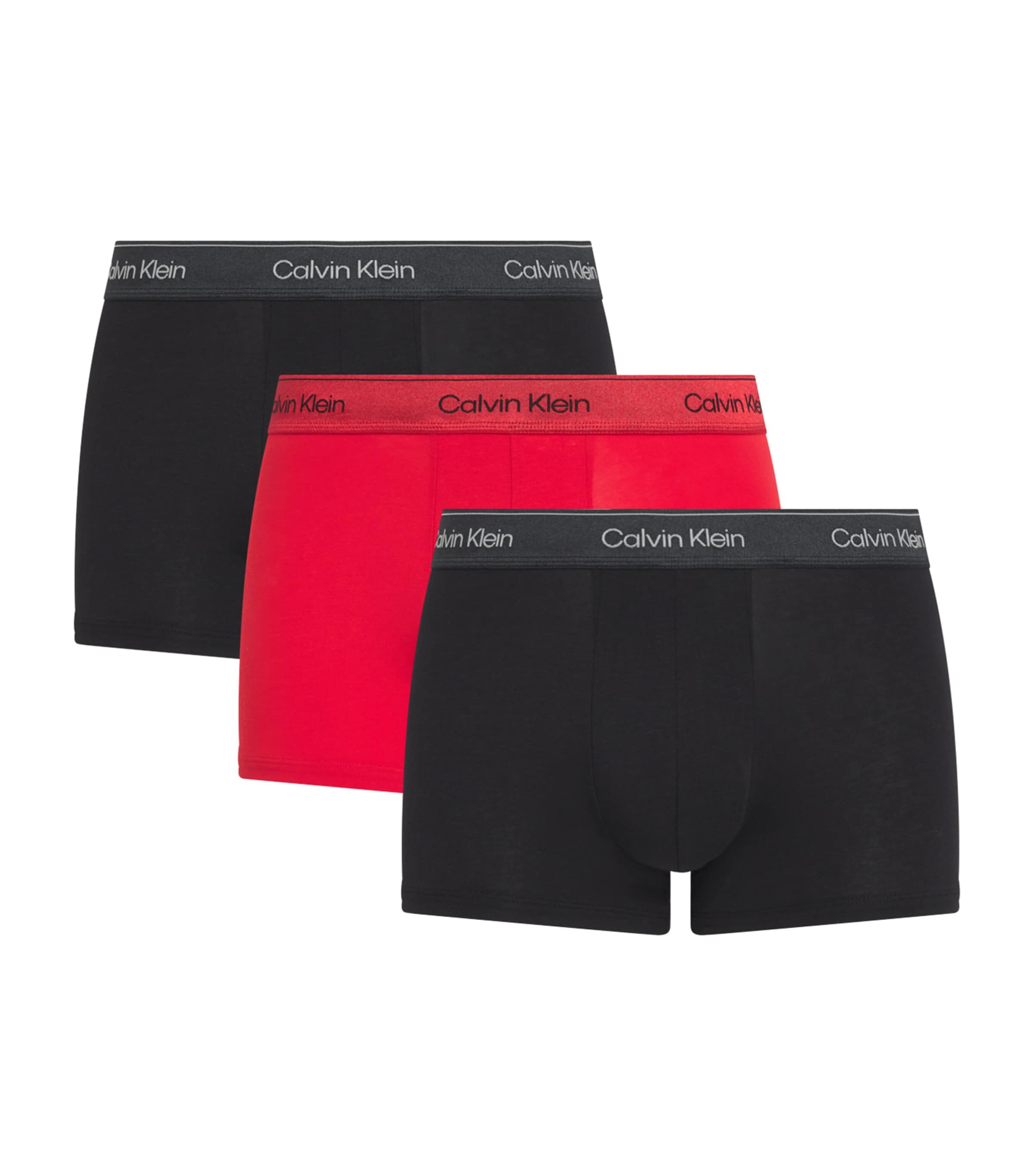 Calvin Klein Mens Stretch-Cotton Icon Metallic Trunks (Pack of 3) Black/goji Berr