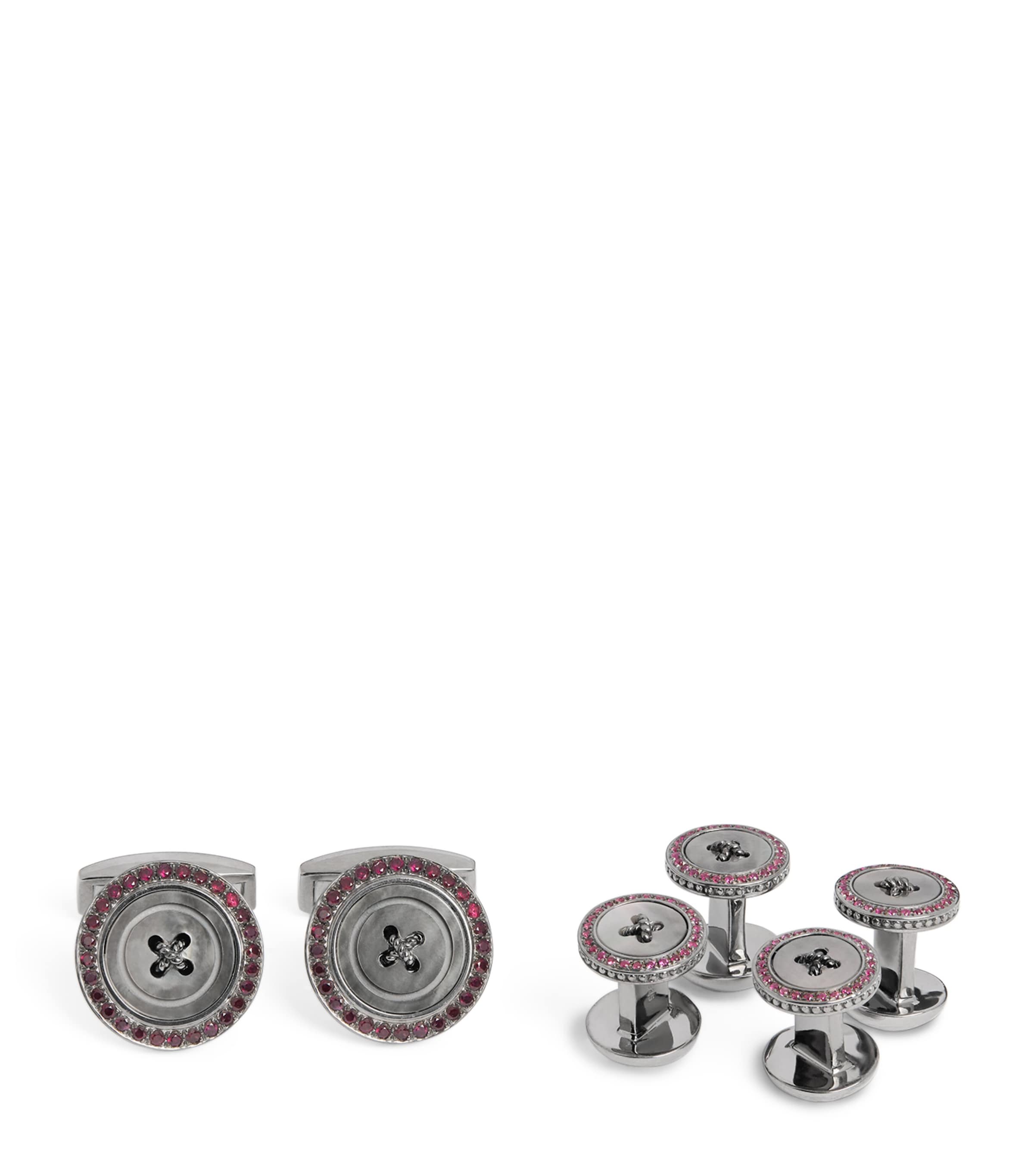 Silver Ruby-Embellished Button Cufflink and Stud Set