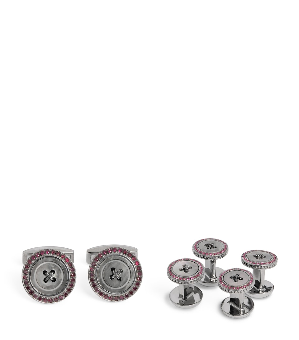 Silver Ruby-Embellished Button Cufflink and Stud Set