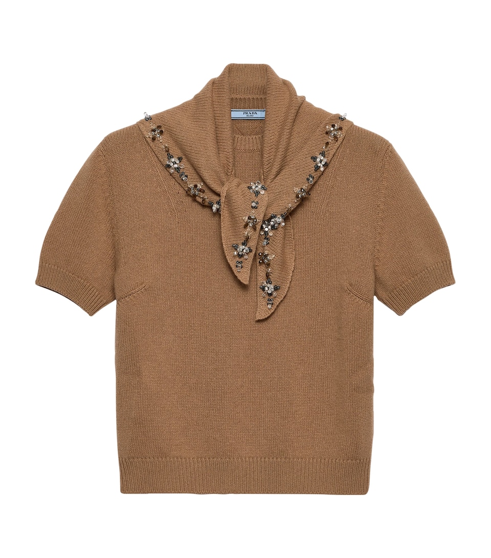 Prada Womens Cashmere Embellished Scarf-Detail Sweater Brown
