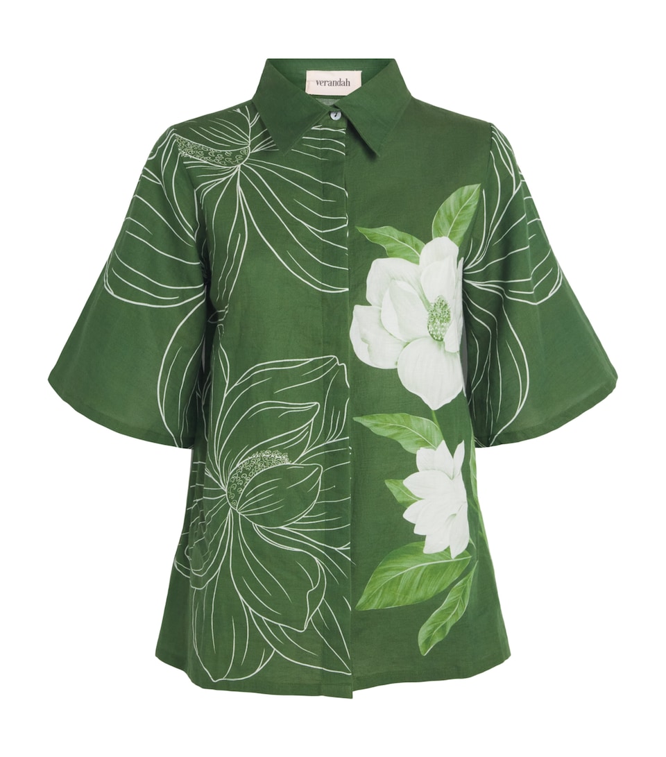 Verandah Womens Linen-Cotton Floral Shirt Emrld Linear Mgnolia