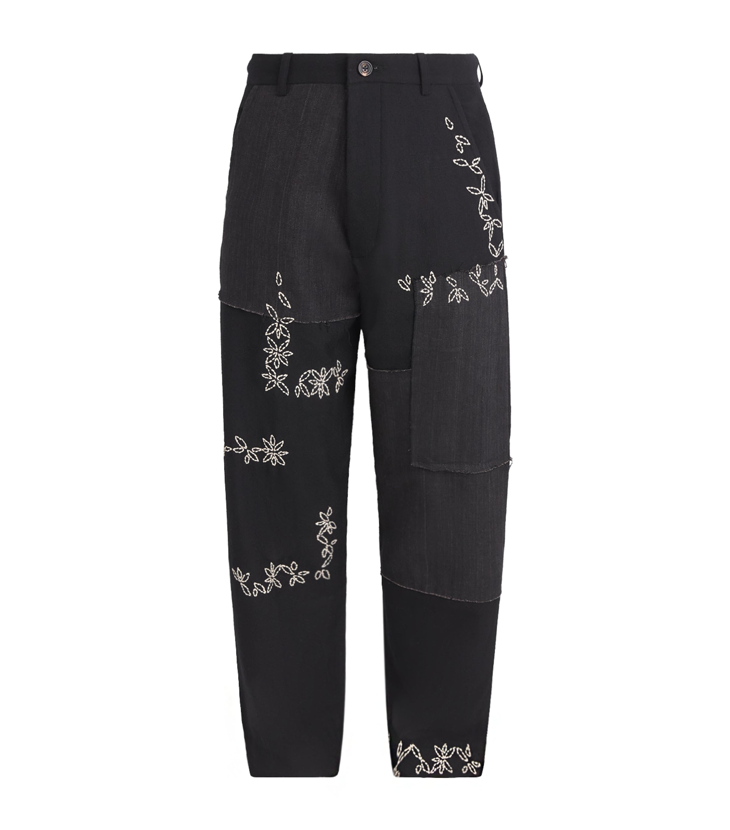 Kartik Research Mens Wool-Linen Embroidered Patchwork Trousers Black/charcoal/white