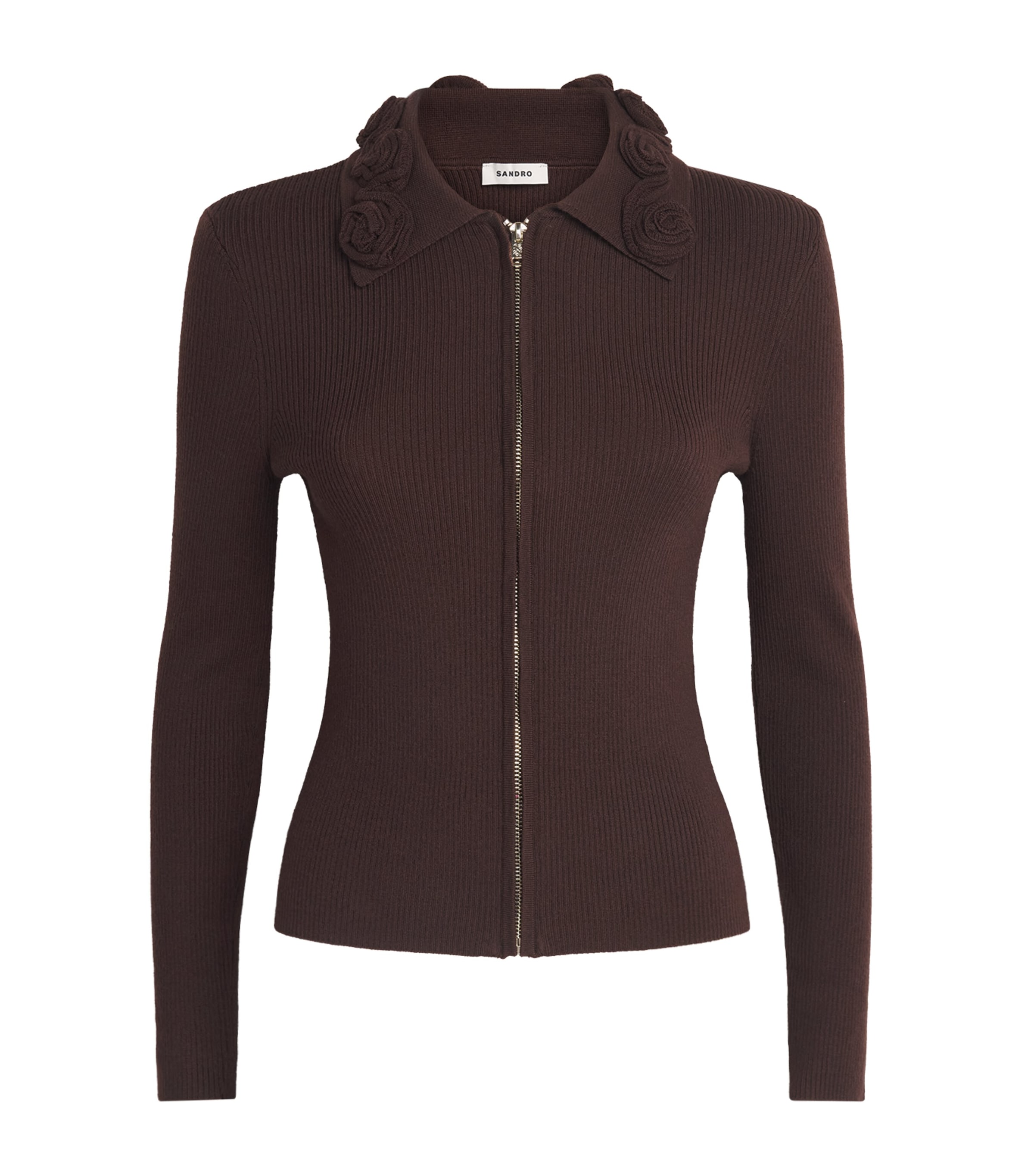 Sandro Paris Womens Floral-Collar Zip-Up Cardigan Brown
