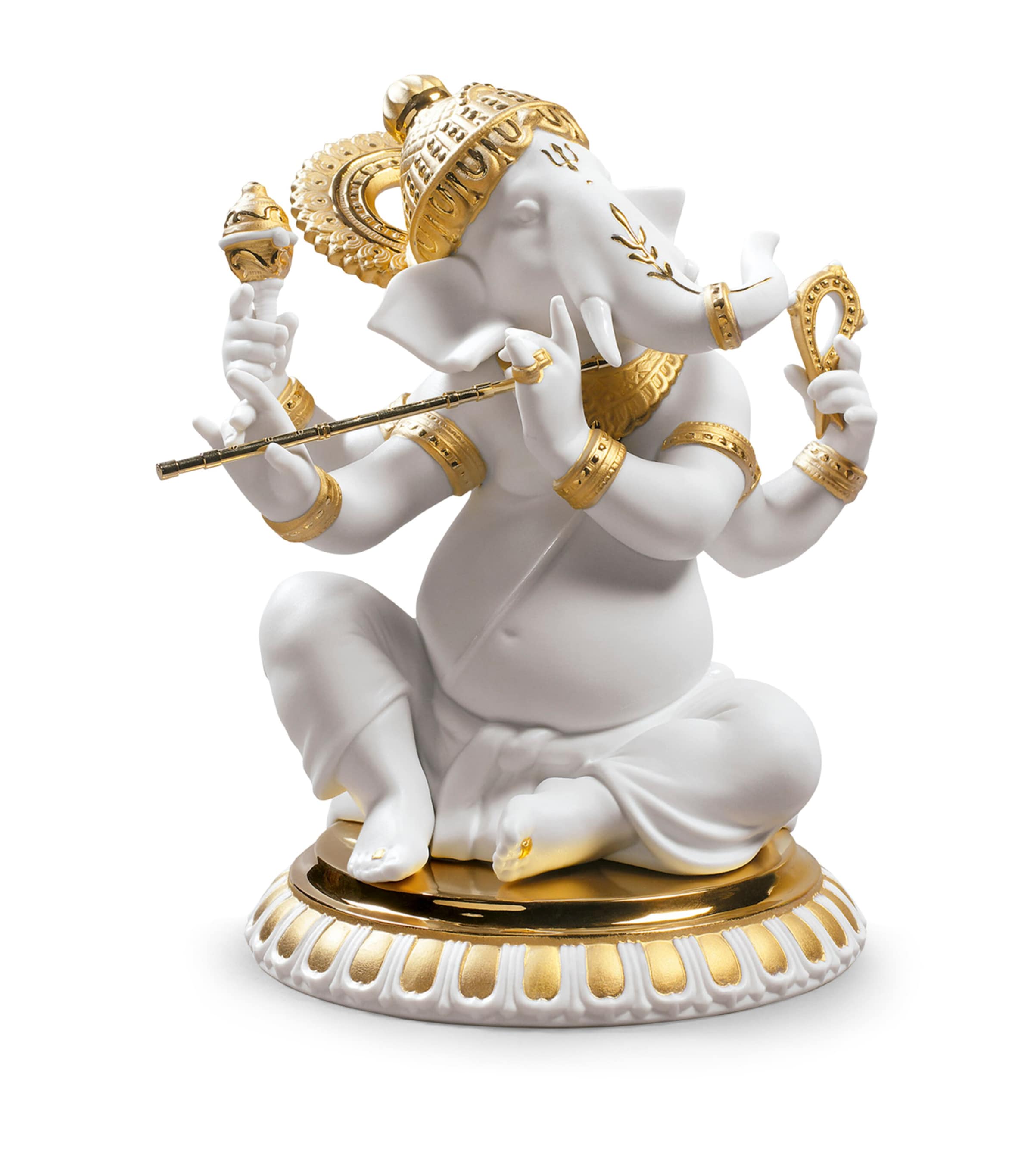 Lladró Porcelain Bansuri Ganesha Sculpture White & Gold