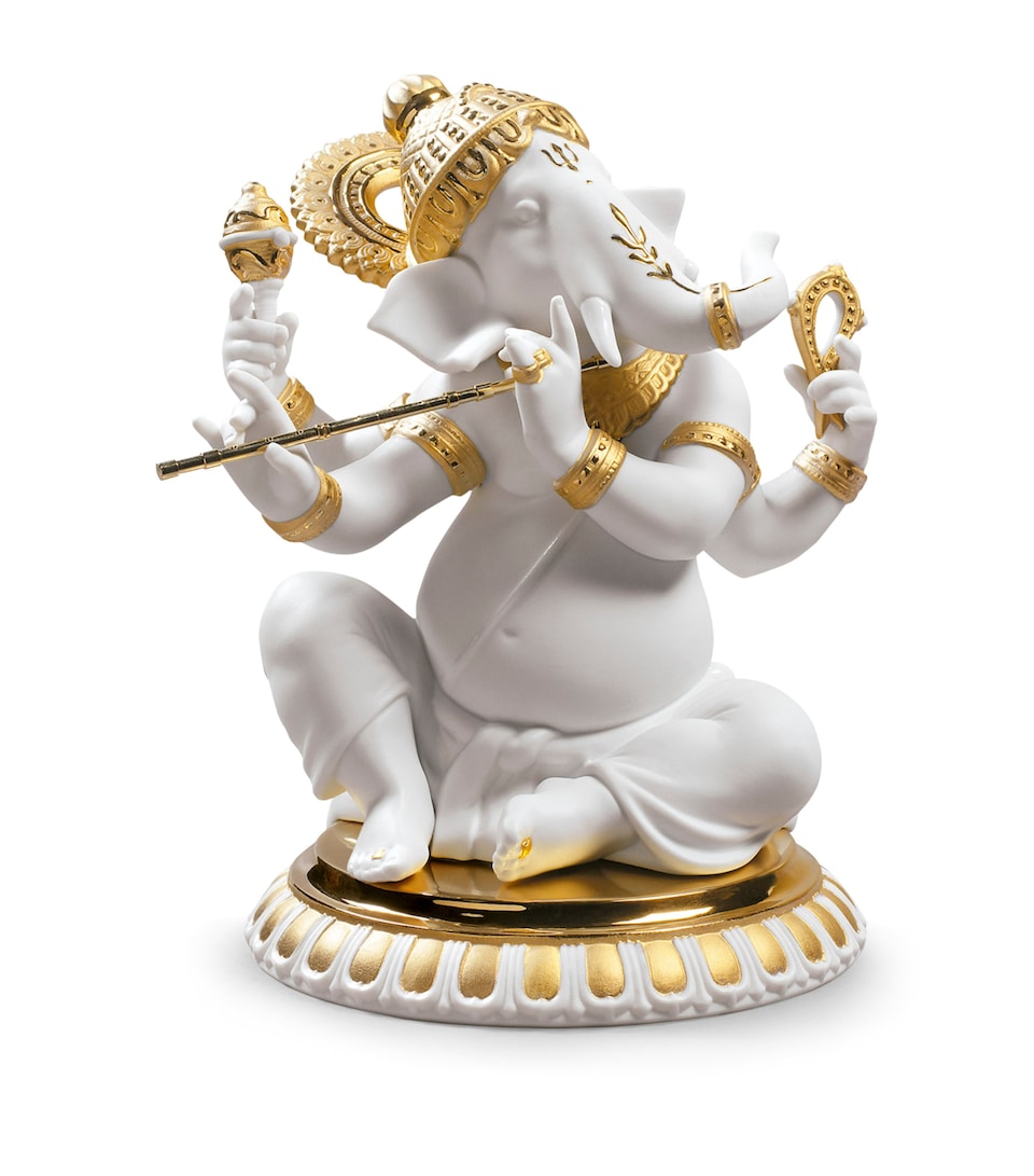 Lladró Porcelain Bansuri Ganesha Sculpture White & Gold