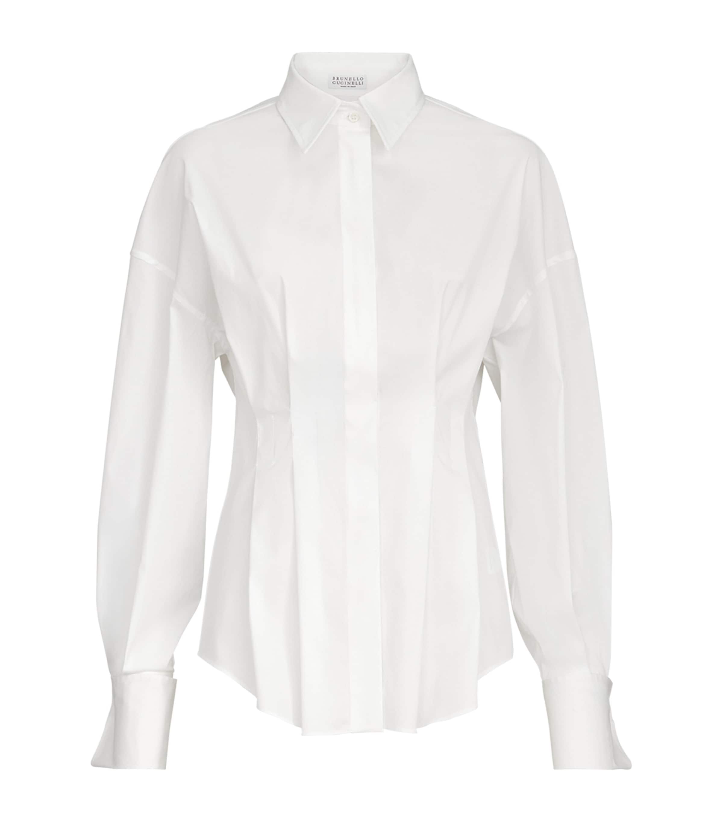 Brunello Cucinelli Womens Stretch-Cotton Poplin Pleated Shirt