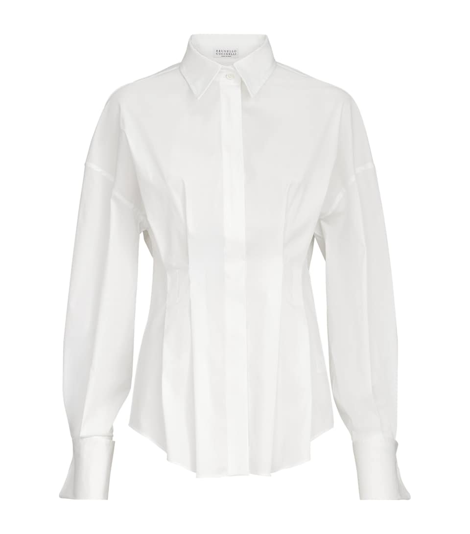 Brunello Cucinelli Womens Stretch-Cotton Poplin Pleated Shirt
