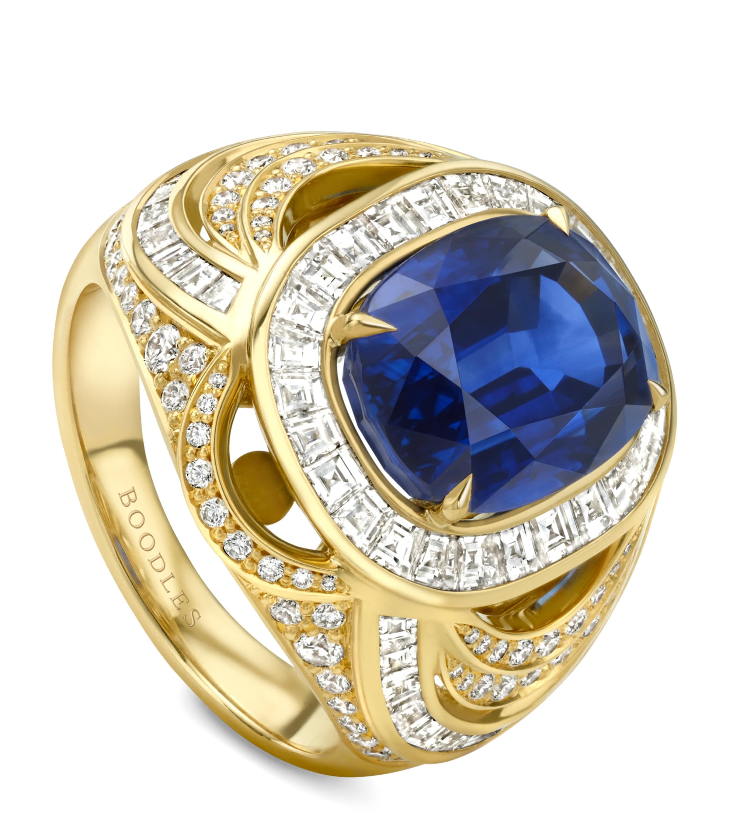 Boodles Yellow Gold, Diamond and Sapphire Presence Chamber Ring Blue