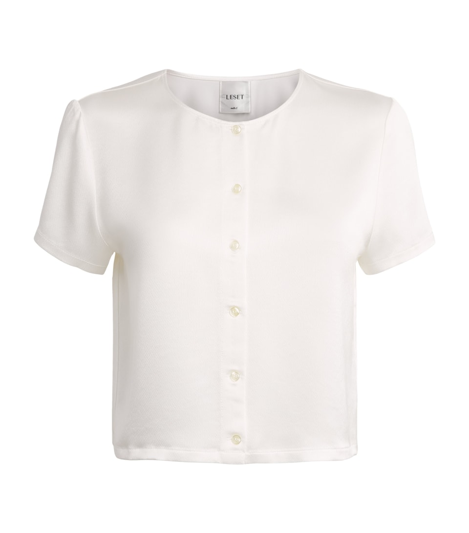 LESET Womens Satin Short-Sleeve Barb Cardigan Optic White