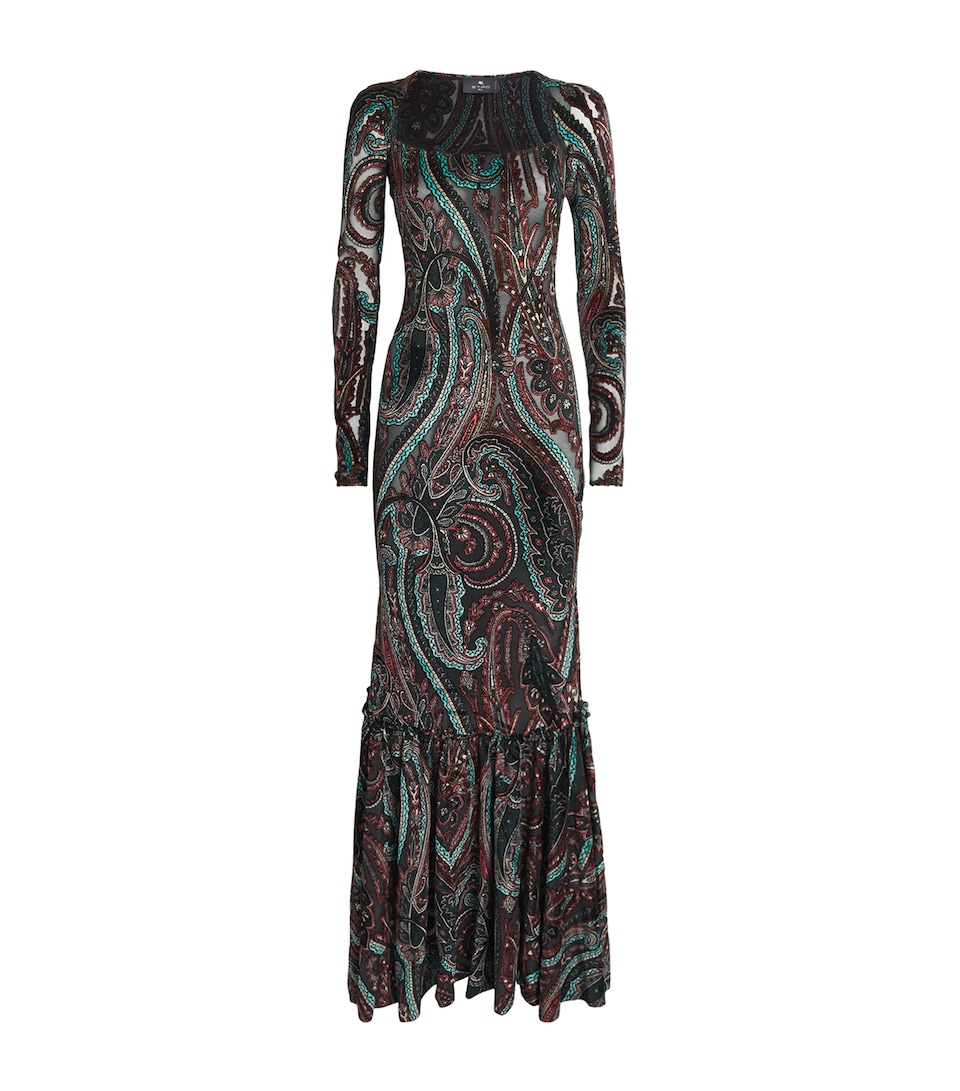 Etro Womens Appliqué-Mesh Maxi Dress Grey