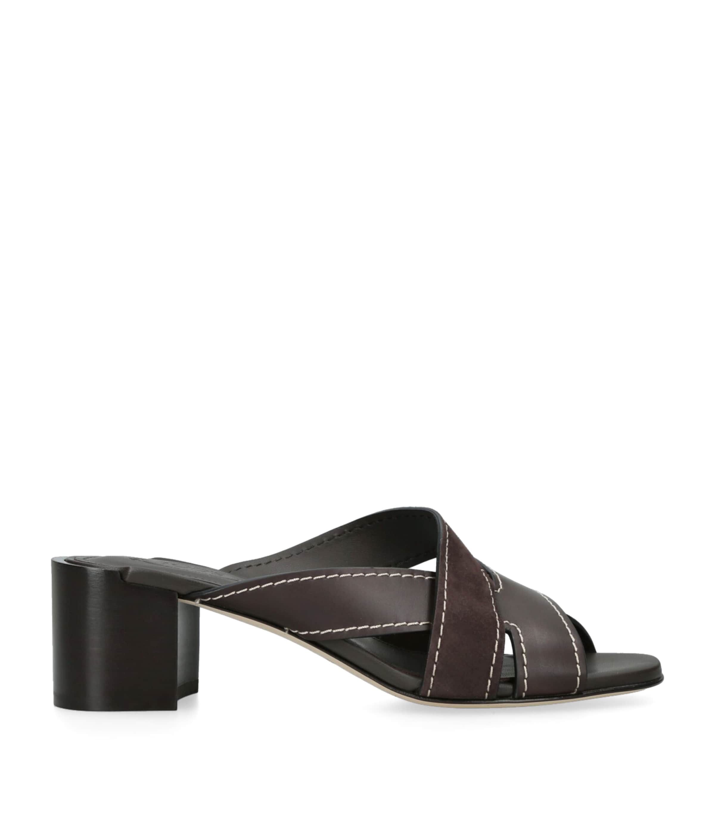 Tod's Suede T-Strap Heeled Mules 55 Dark Brown