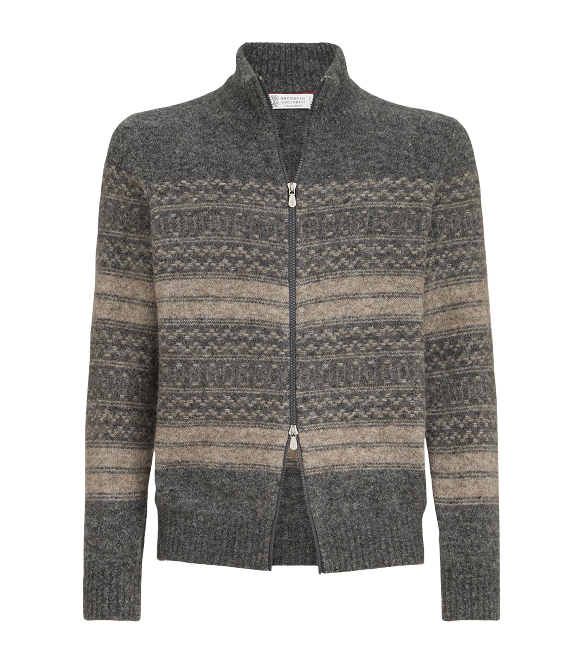 Brunello Cucinelli Mens Jacquard High-Neck Zip Cardigan Black+brown