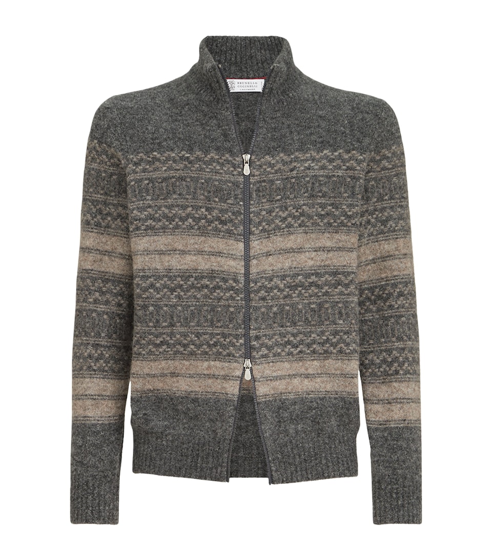 Brunello Cucinelli Mens Jacquard High-Neck Zip Cardigan Black+brown