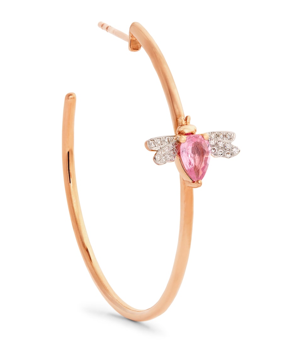 Rose Gold, Diamond and Pink Sapphire Honey Bee Single Hoop Earring