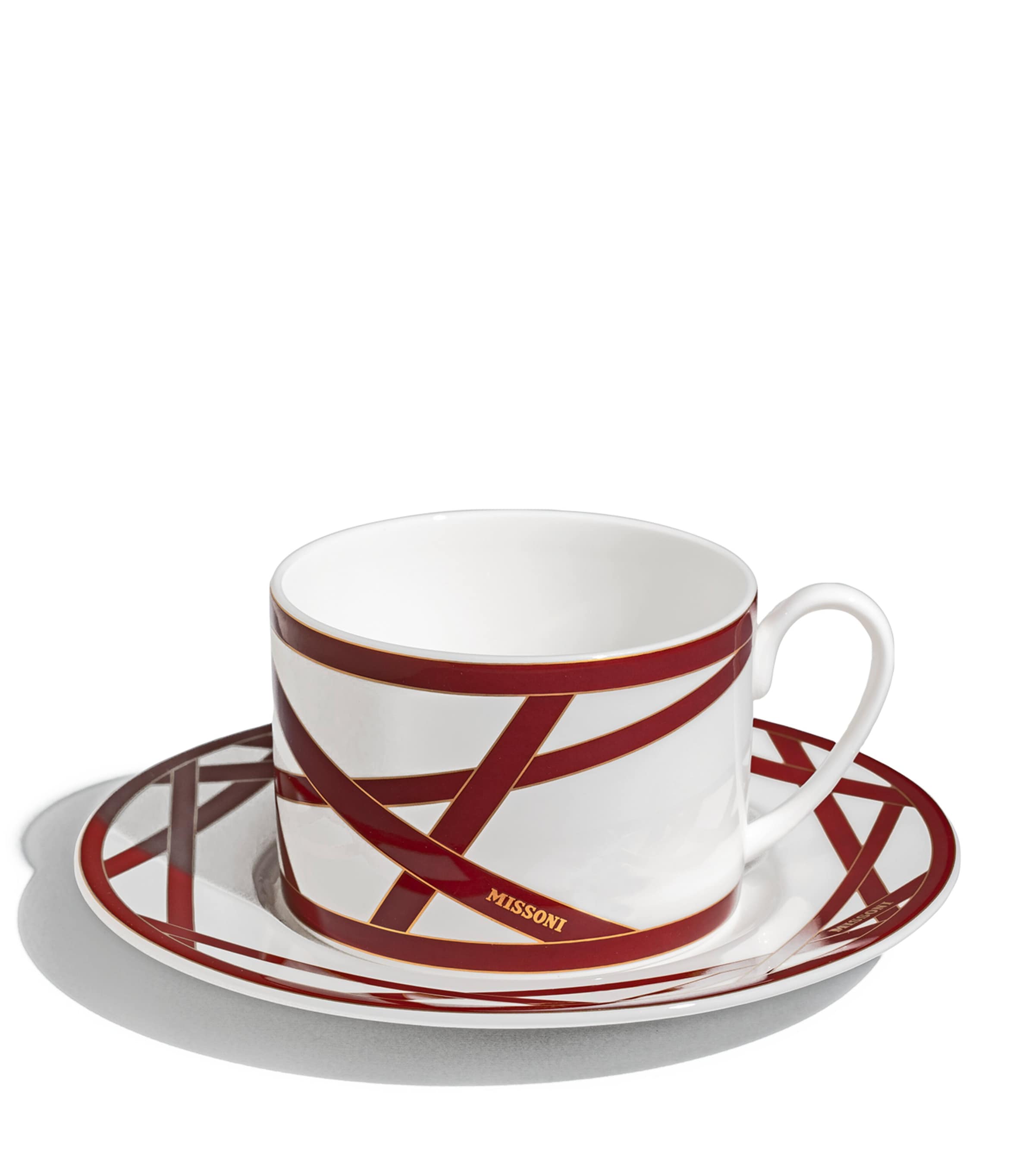 Set of 2 Bone China Nastri Bordeaux Teacups and Saucers