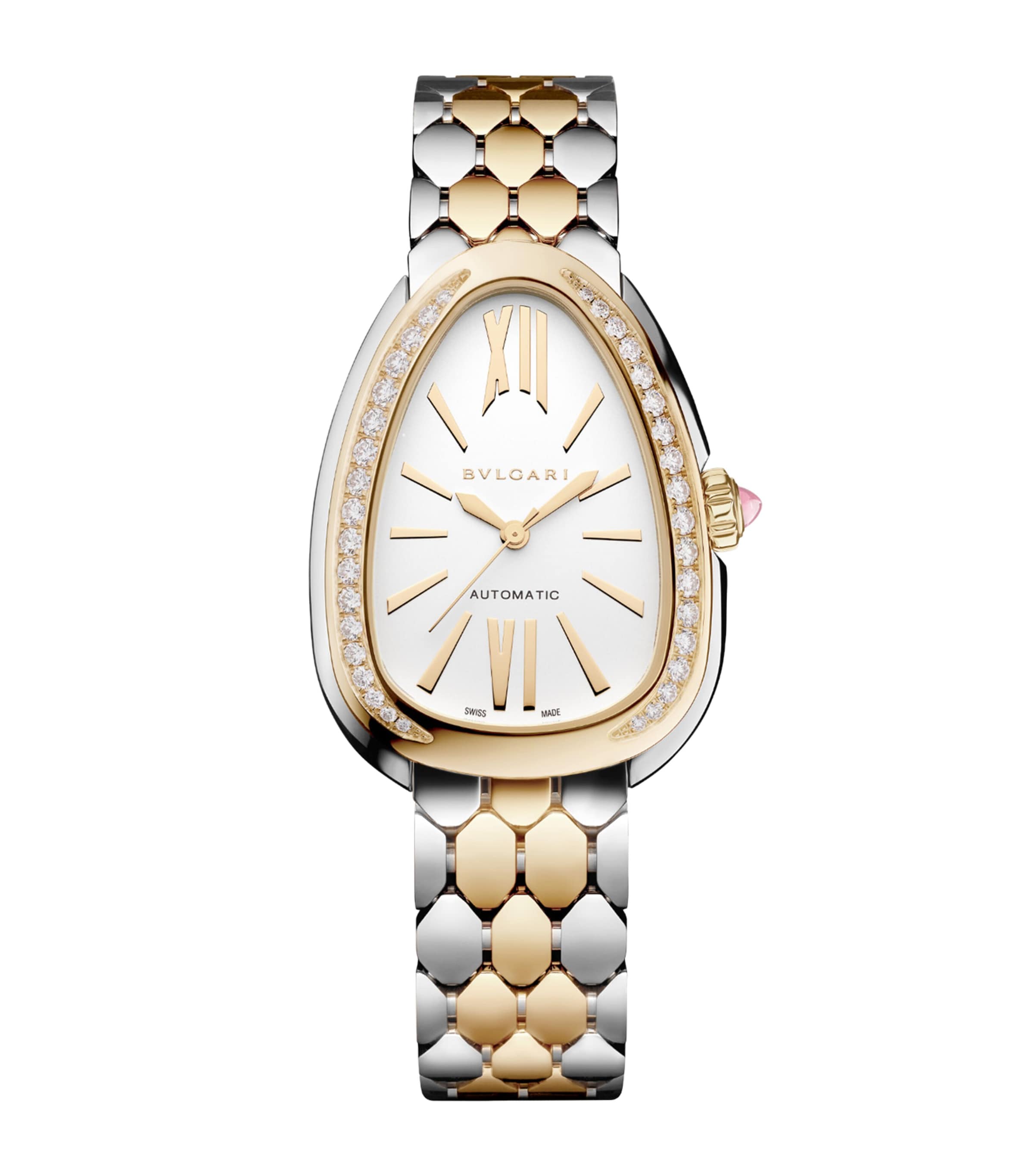 Bvlgari Yellow Gold, Stainless Steel and Diamond Serpenti Seduttori Watch 34mm White