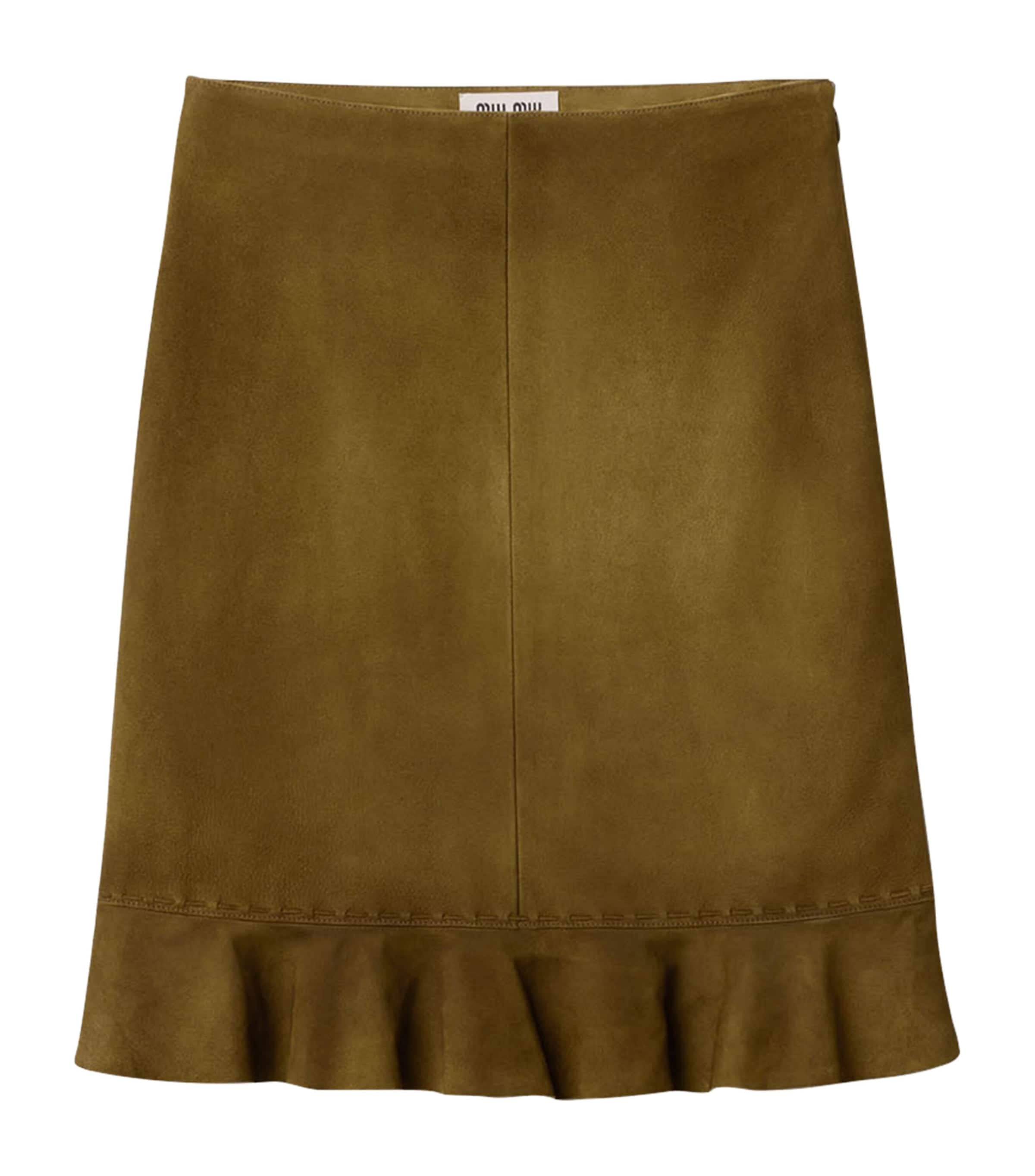 Miu Miu Womens Waxed Suede Midi Skirt Green