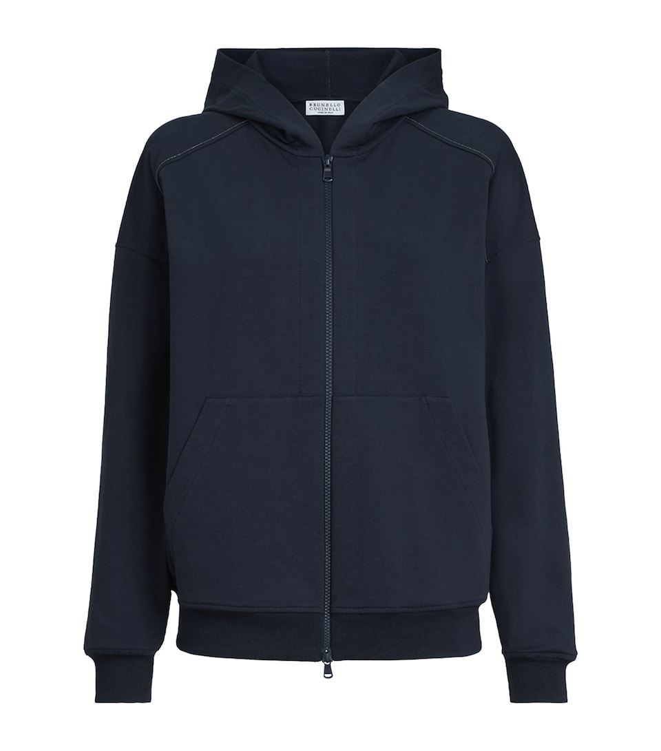 Brunello Cucinelli Womens Stretch-Cotton Zip-Up Hoodie Blue