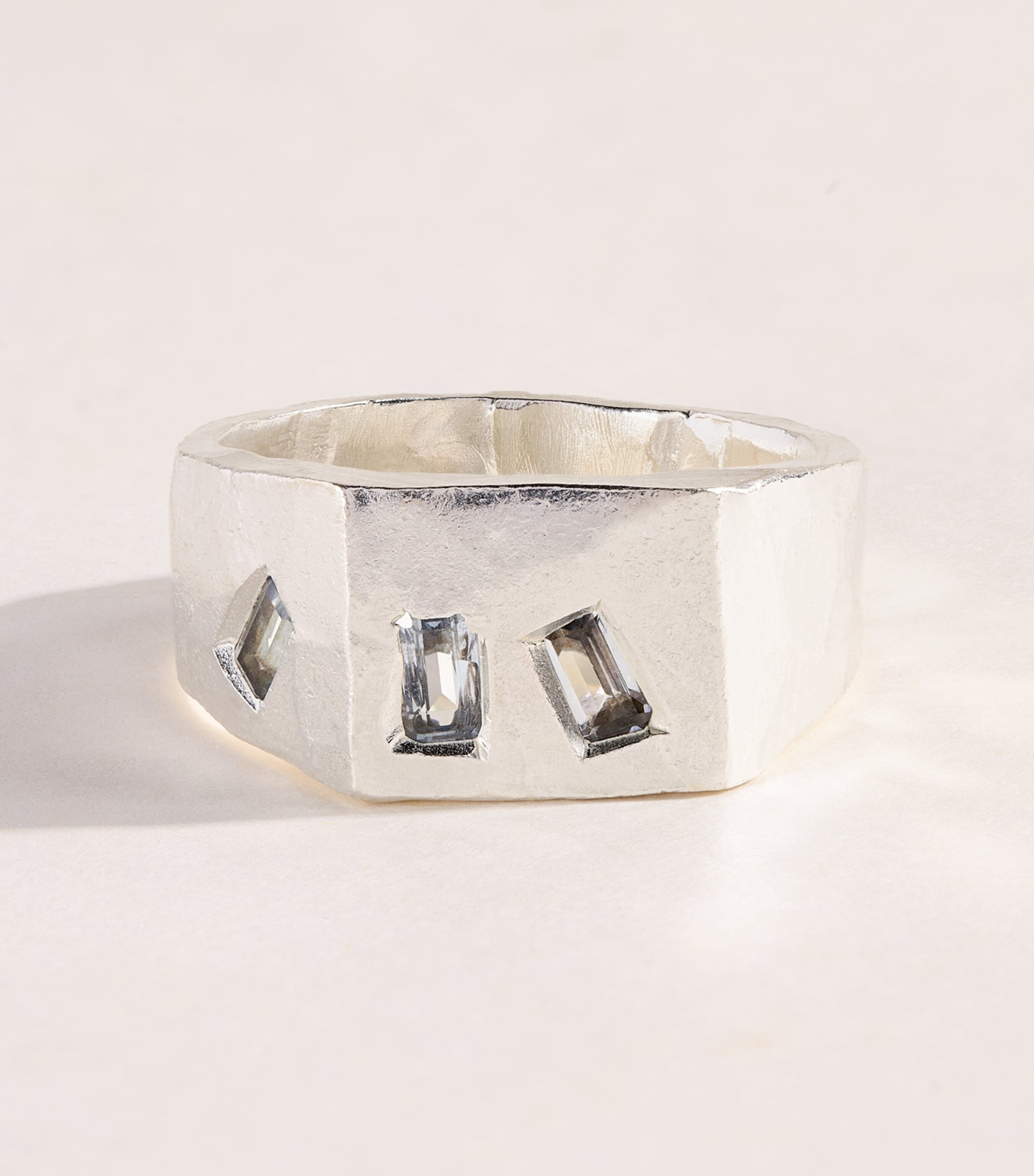 THE OUZE Sterling Silver and Aquamarine Tri Signet Ring Silver/aqua