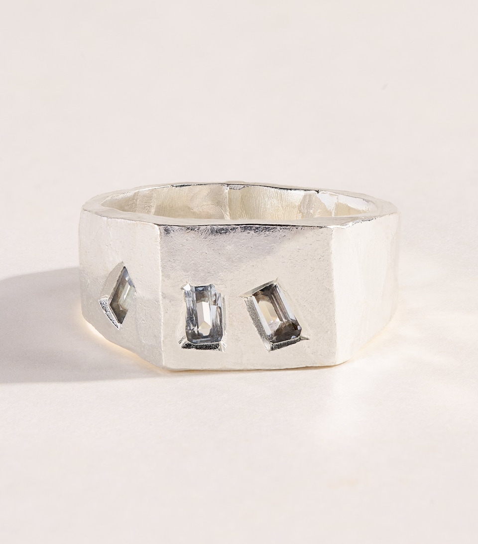 THE OUZE Sterling Silver and Aquamarine Tri Signet Ring Silver/aqua