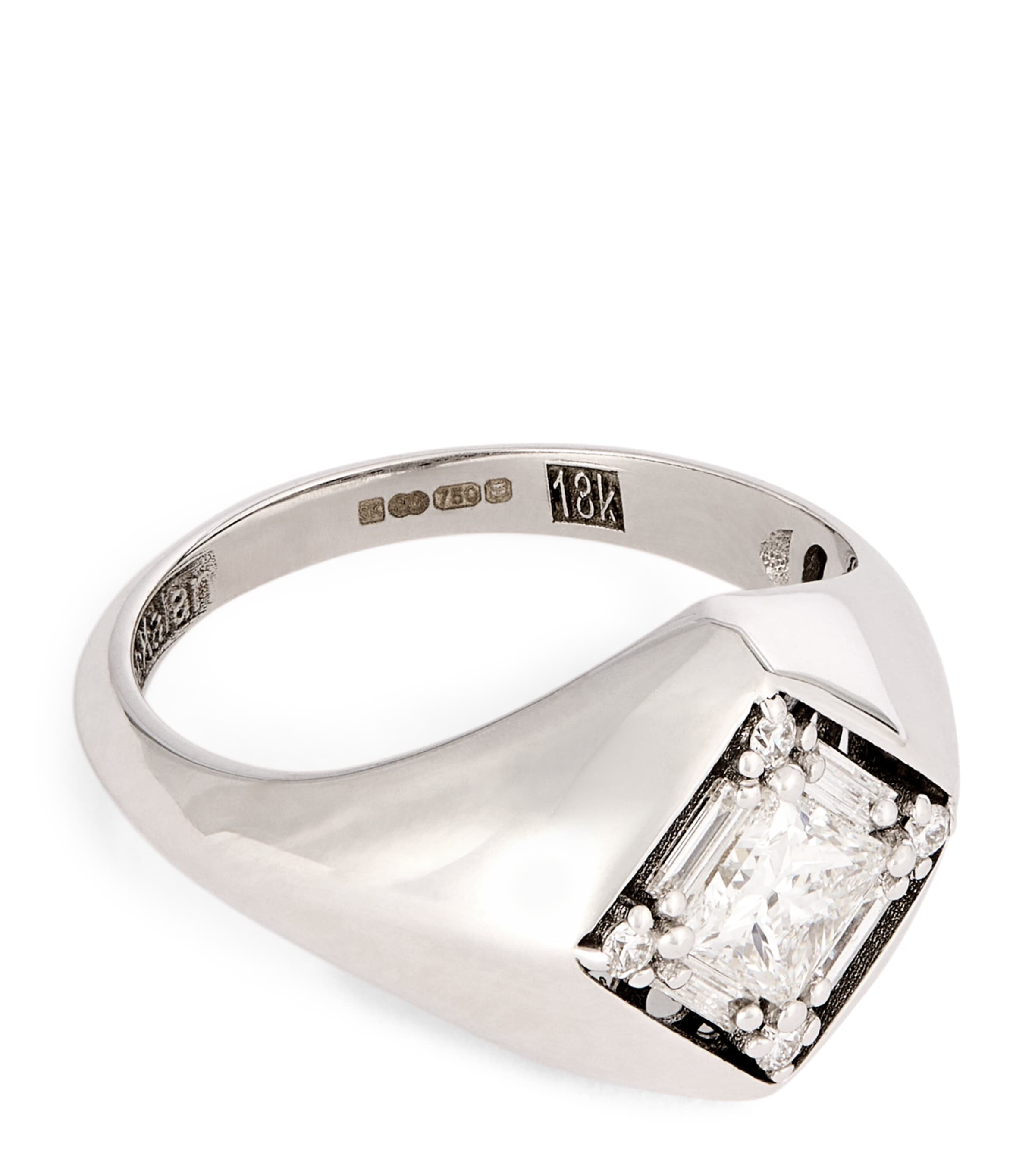 White Gold and Diamond Princess Diamond Signet Ring (Size 4)