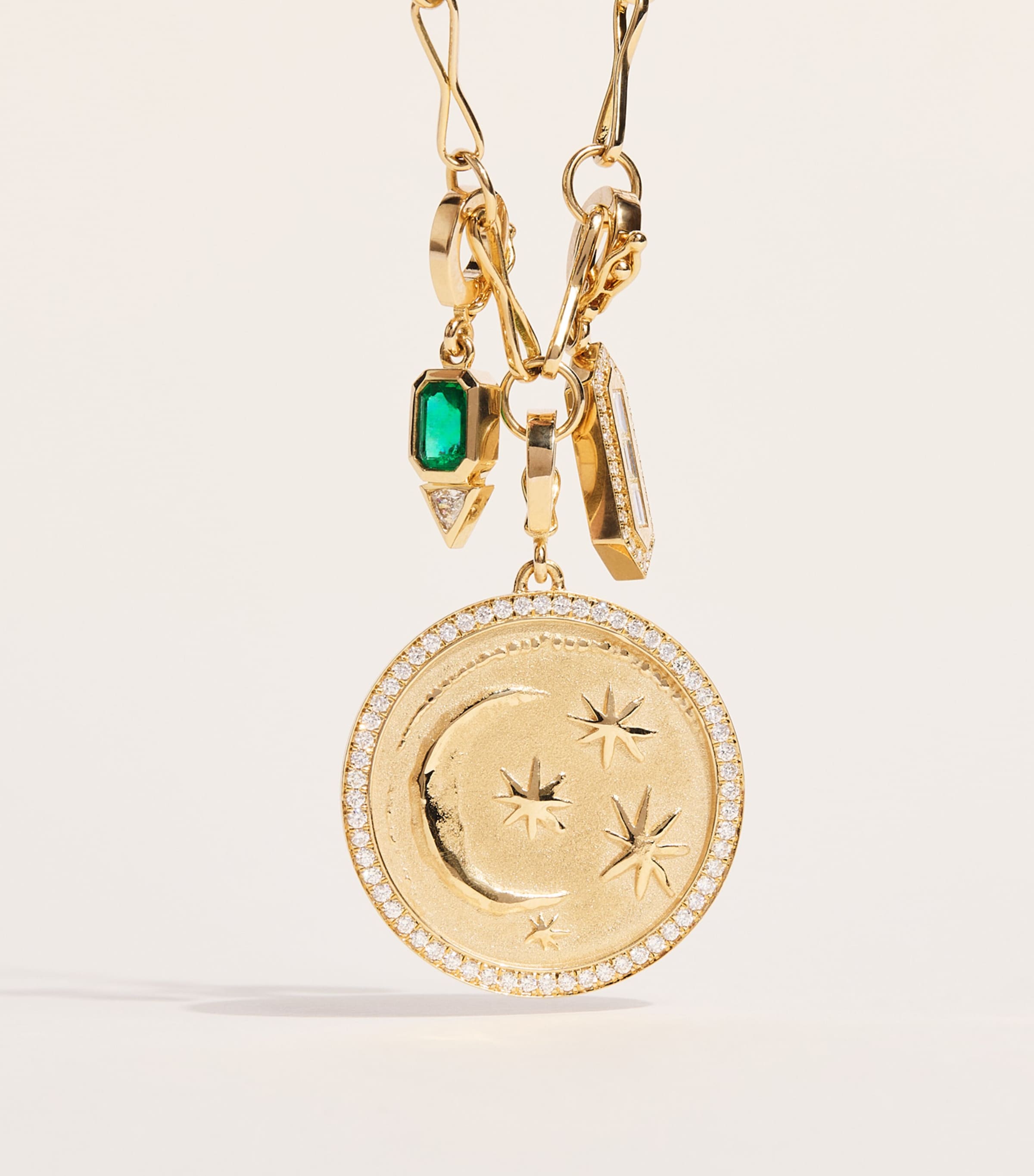 Azlee Yellow Gold, Diamond and Emerald Relic Charm Necklace Yellow Gold