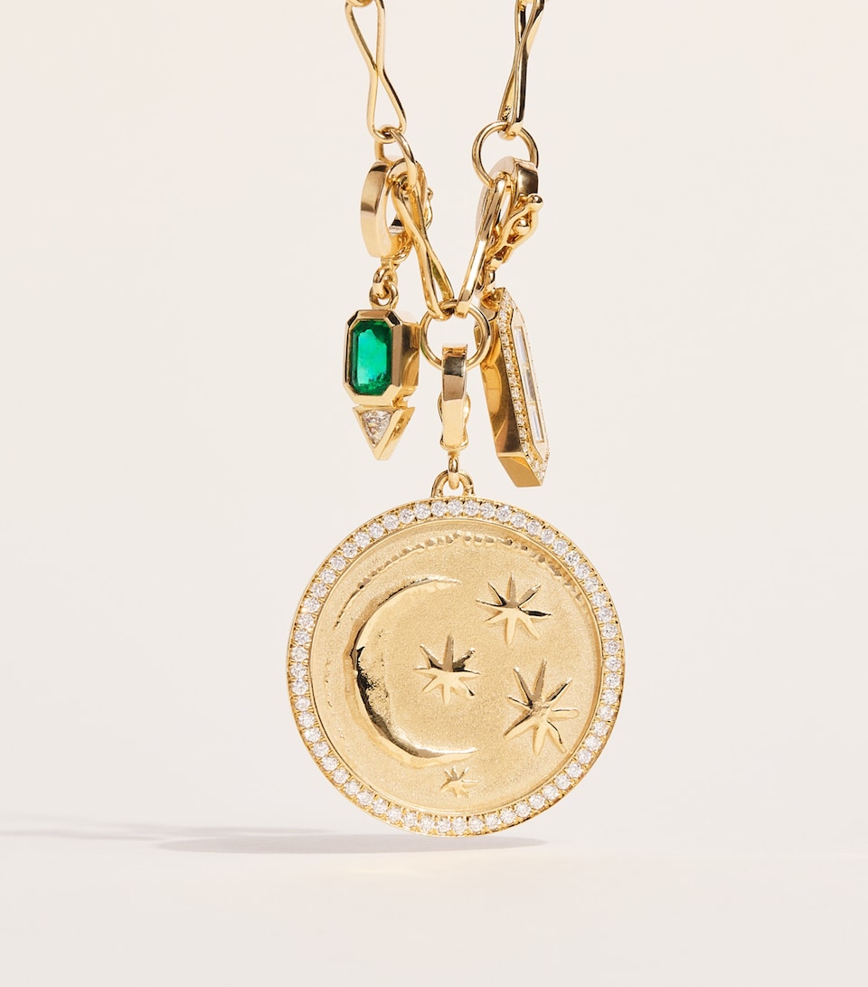 Azlee Yellow Gold, Diamond and Emerald Relic Charm Necklace Yellow Gold