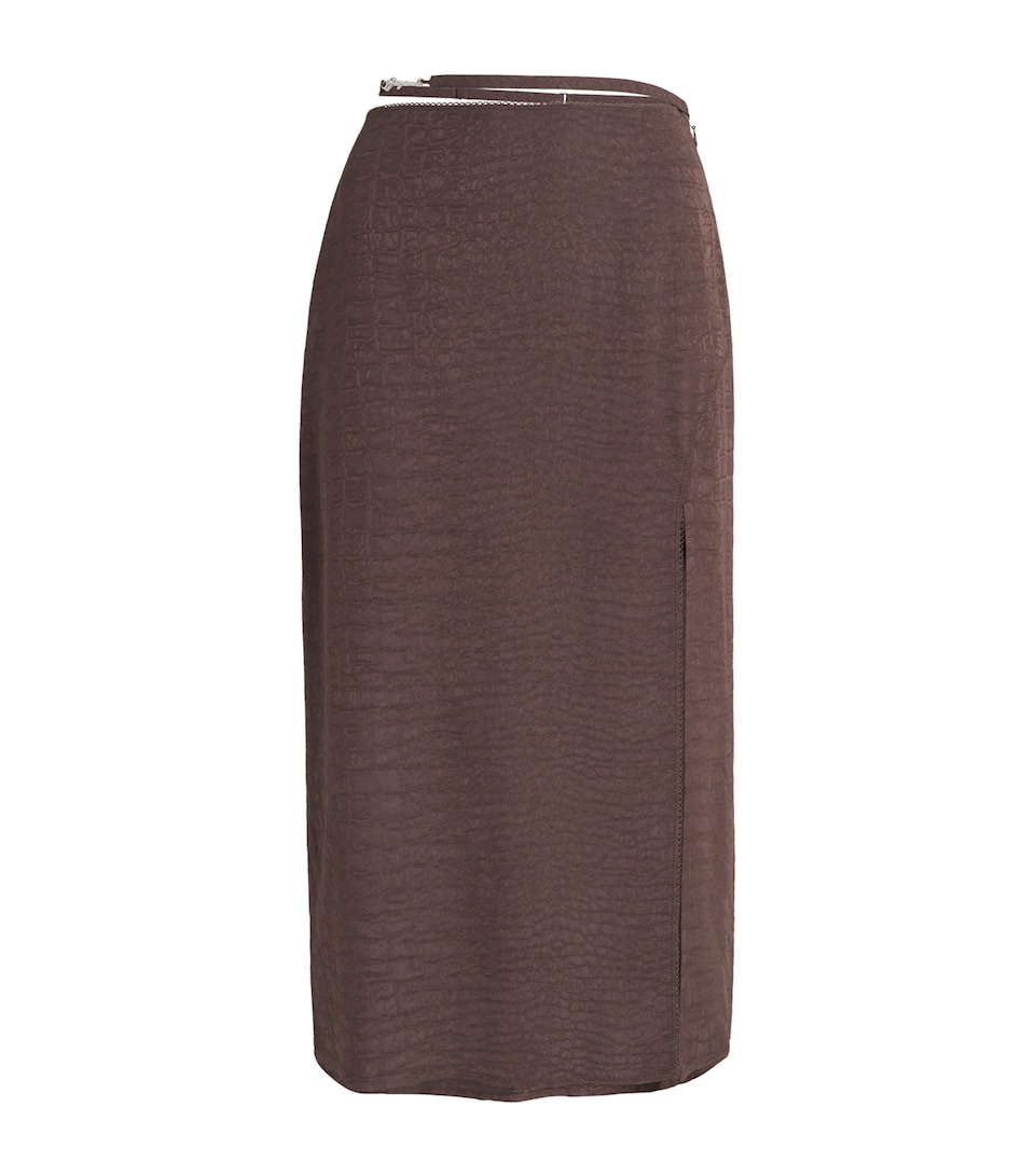 Croc-Effect Belted Midi Skirt