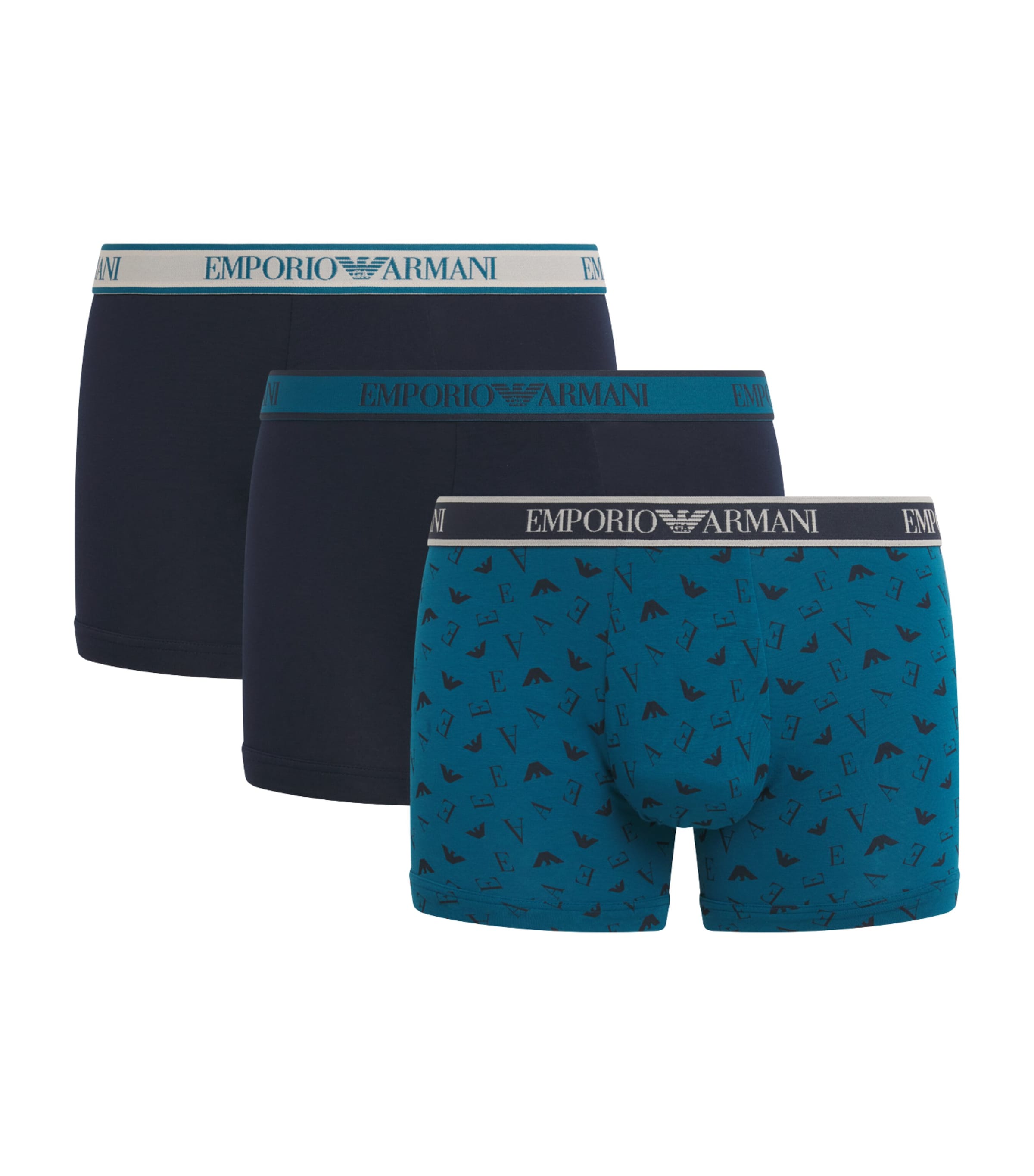 Emporio Armani Mens Stretch-Cotton Logo Boxer Briefs (Pack of 3) Blu/octan