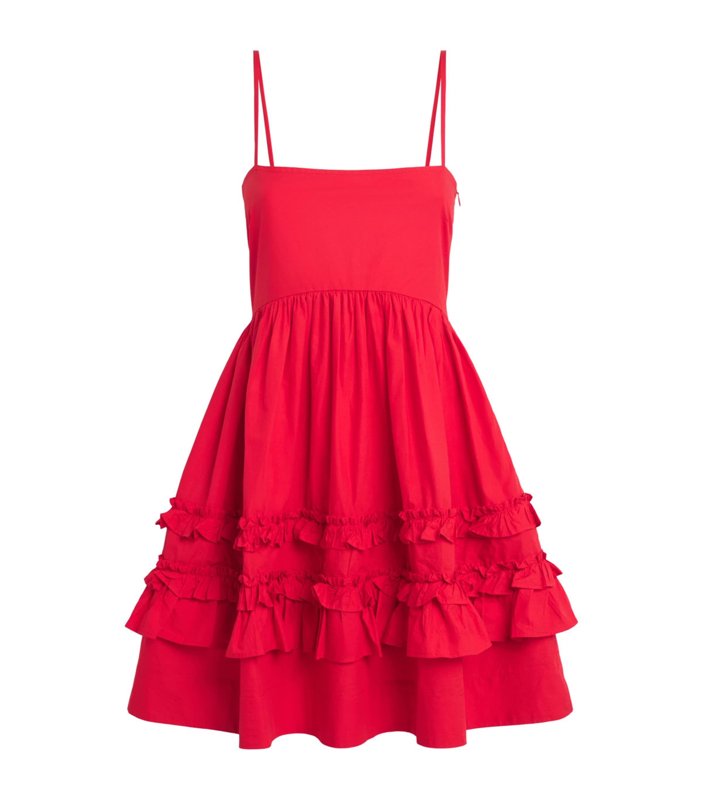 GANNI Womens Cotton Ruffled Mini Dress Racing Red