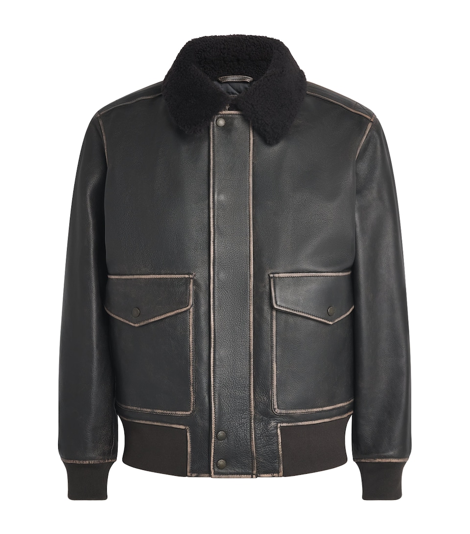 Rag & Bone Mens Leather Shearling-Collar Bomber Jacket Brown