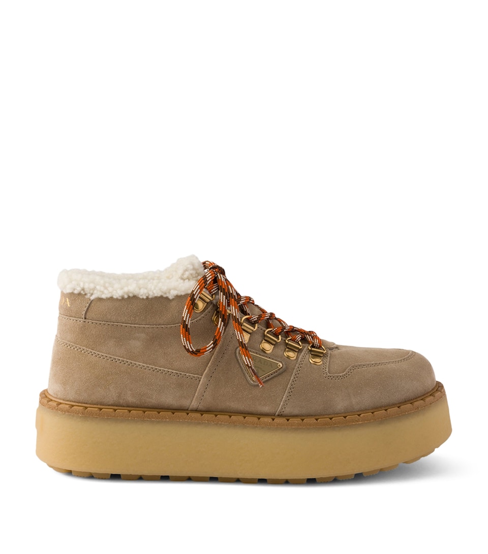Prada Suede Shearling Chukka Ankle Boots Neutral