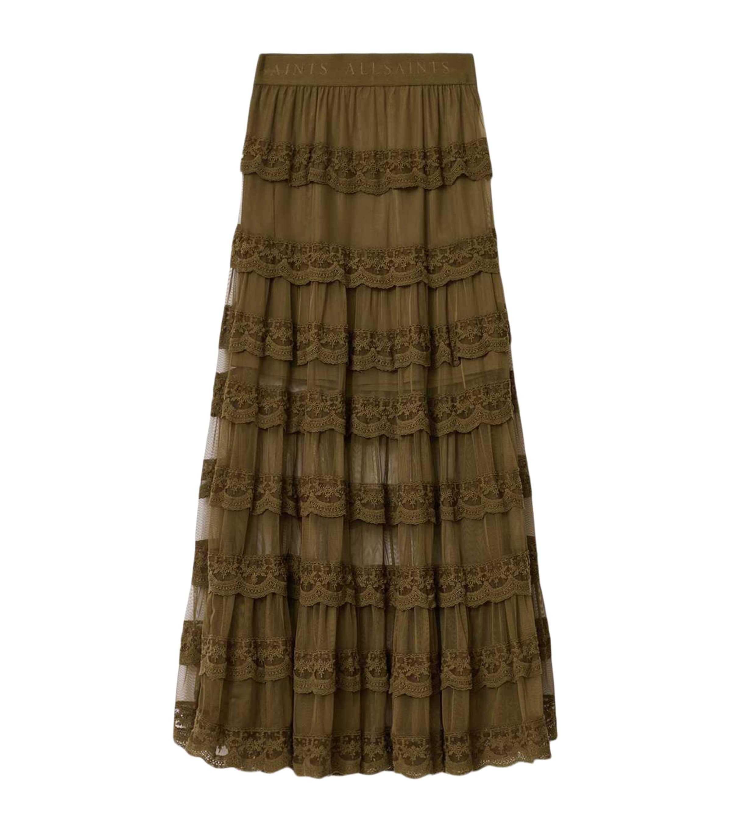 AllSaints Womens Lace Tiered Maggie Maxi Skirt Olive Khaki Green