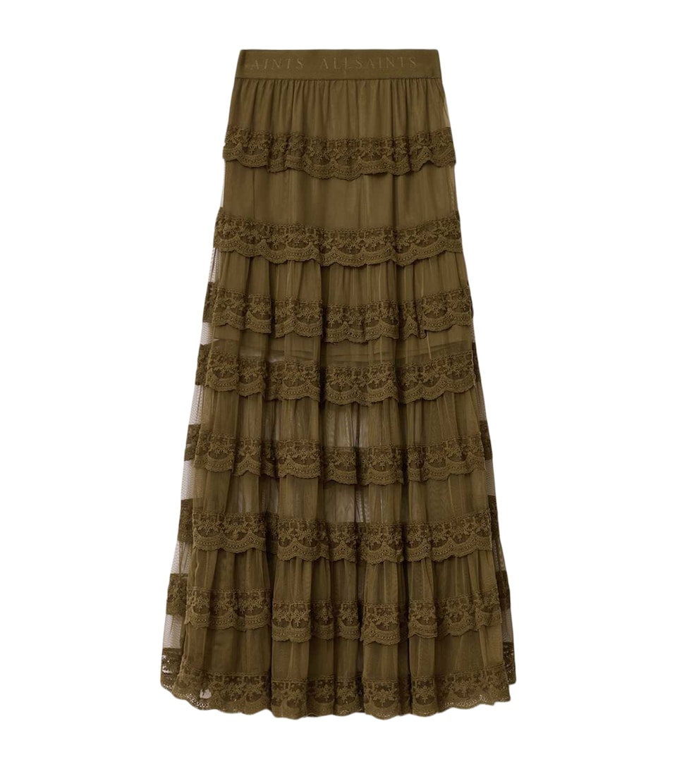 AllSaints Womens Lace Tiered Maggie Maxi Skirt Olive Khaki Green