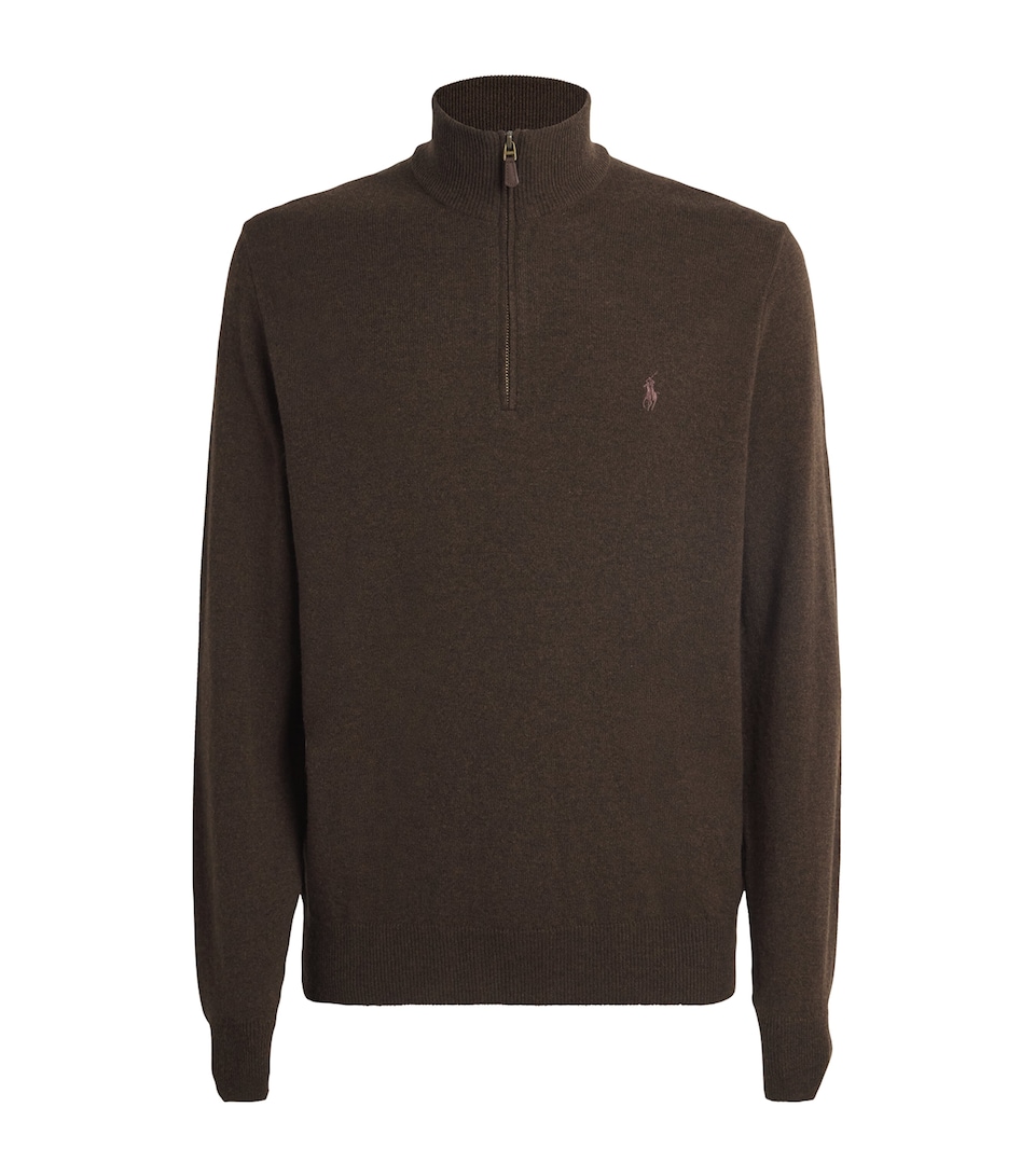 Polo Ralph Lauren Mens Wool Polo Pony Quarter-Zip Sweater Cinnamon Brown Hther