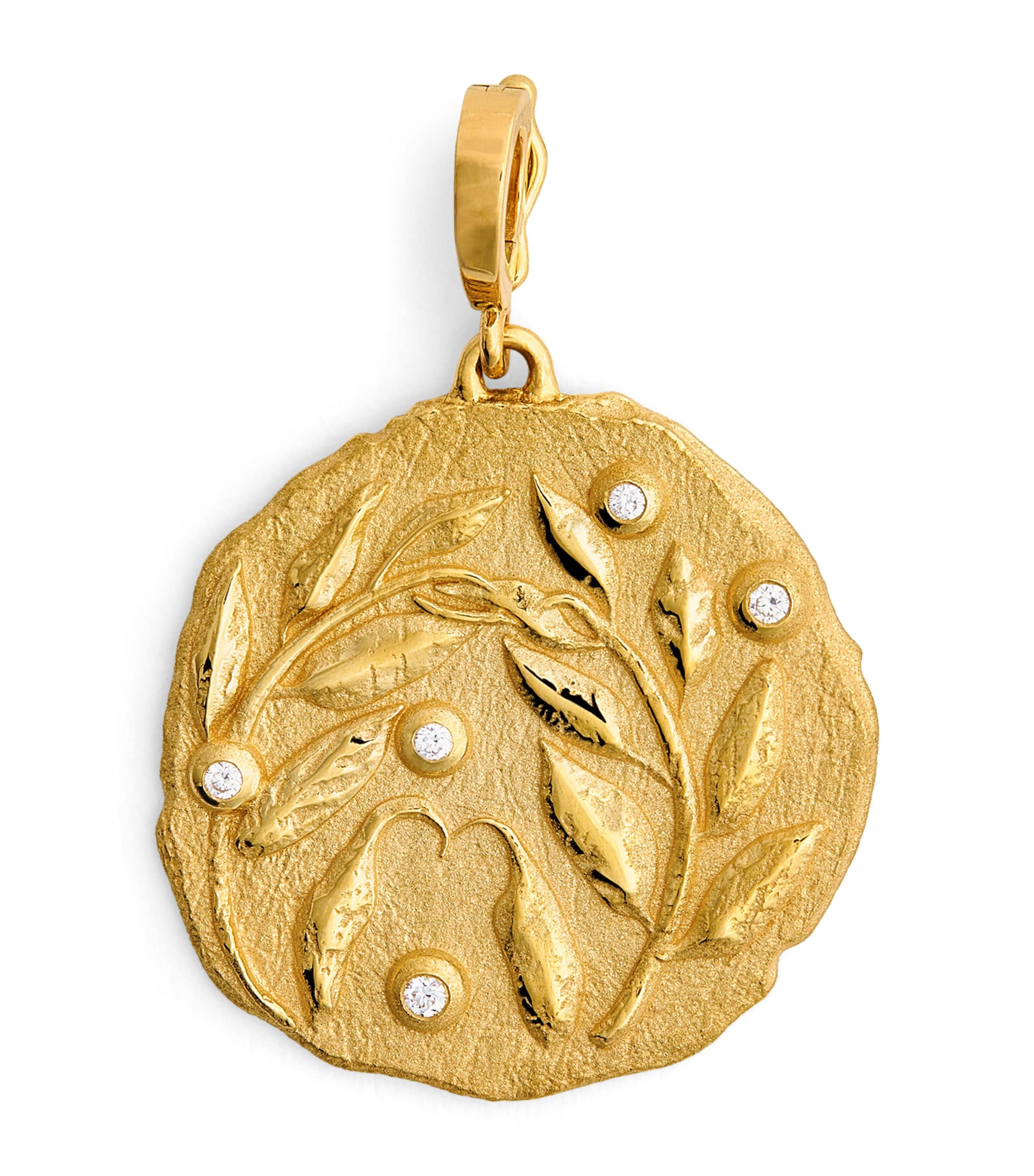 Large Yellow Gold and Diamond Olive Branch Coin Charm