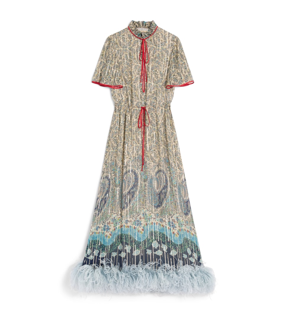 Silk Feather-Trim Midi Dress