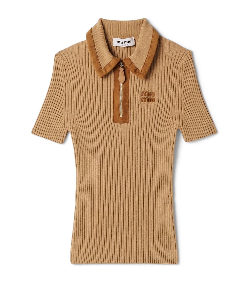 Cashmere-Blend Suede-Trim Ribbed Polo Shirt