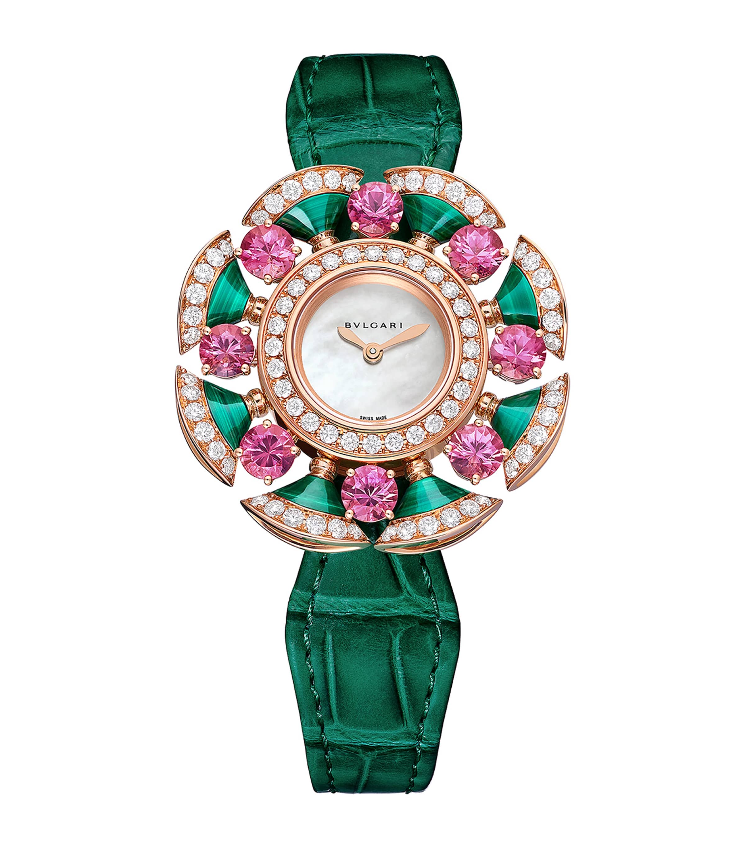 Bvlgari Rose Gold, Diamond, Tourmaline and Malachite Divas' Dream Cocktail Watch 33mm Mother Of Pearl