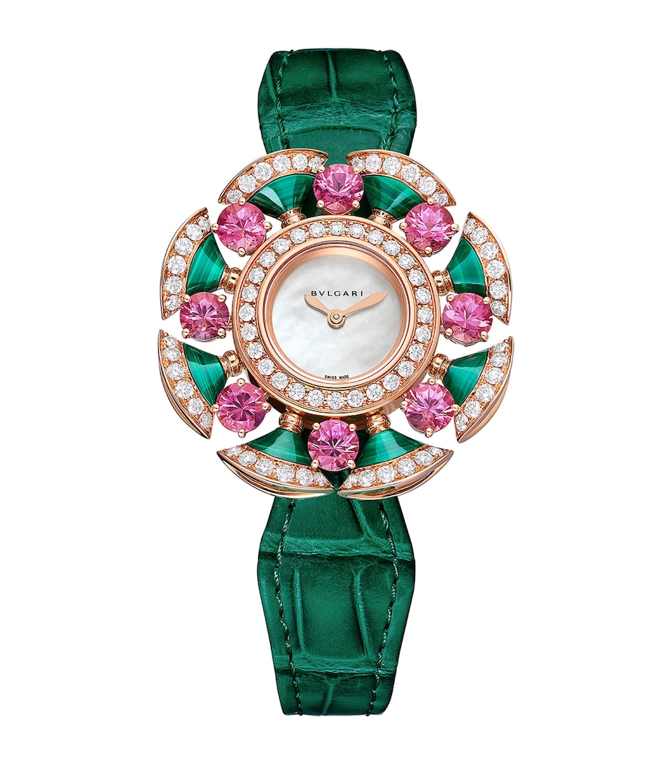 Bvlgari Rose Gold, Diamond, Tourmaline and Malachite Divas' Dream Cocktail Watch 33mm Mother Of Pearl