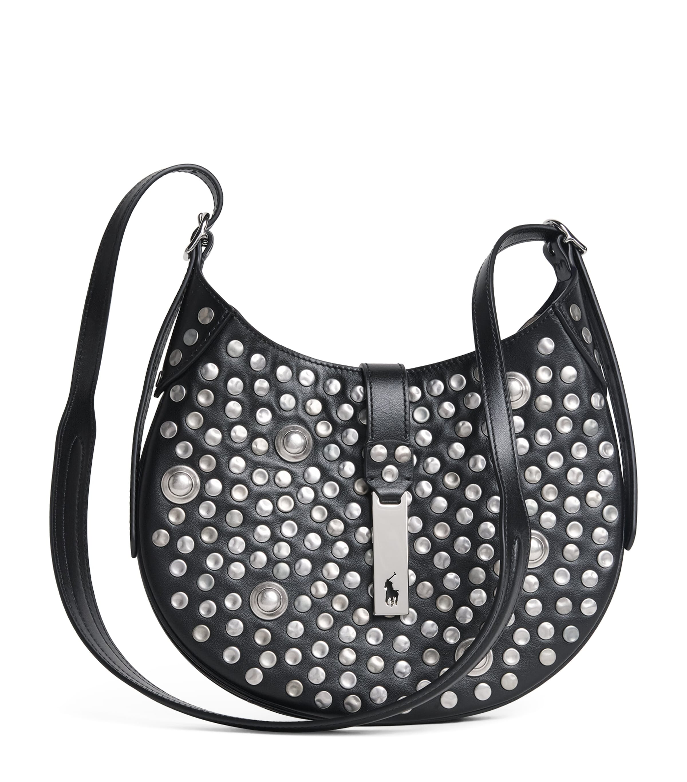 Polo Ralph Lauren Leather Studded Polo ID Shoulder Bag Black