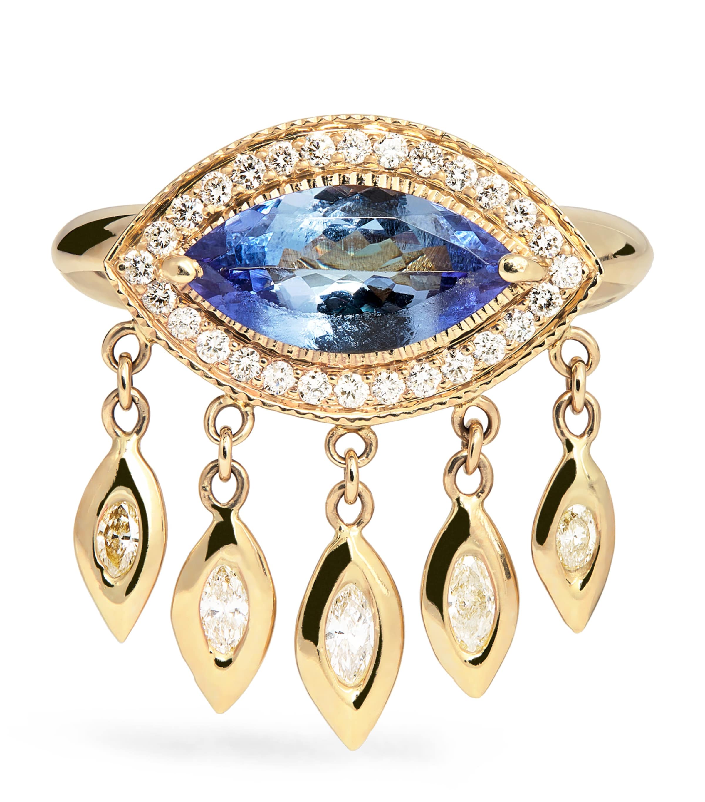 Yellow Gold, Diamond and Tanzanite Evil Eye Shaker Ring