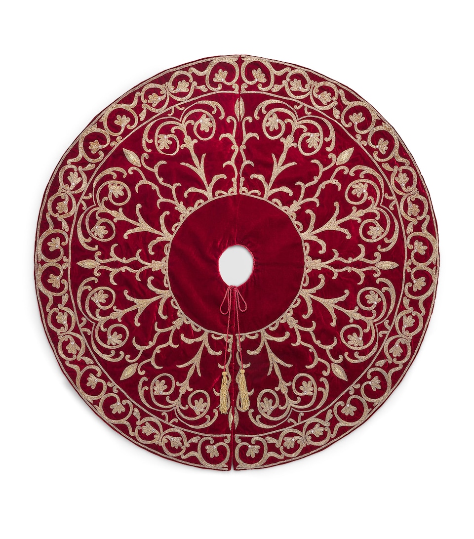 Harrods Velvet Embroidered Tree Skirt Burgundy/gold