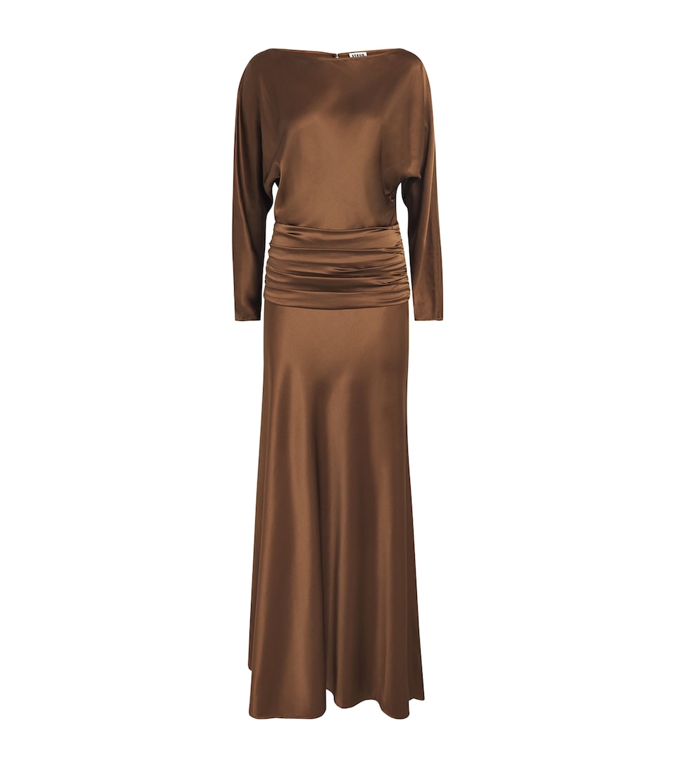 STAUD Womens Silk-Blend Ruched Maxi Dress Cigr Cigar