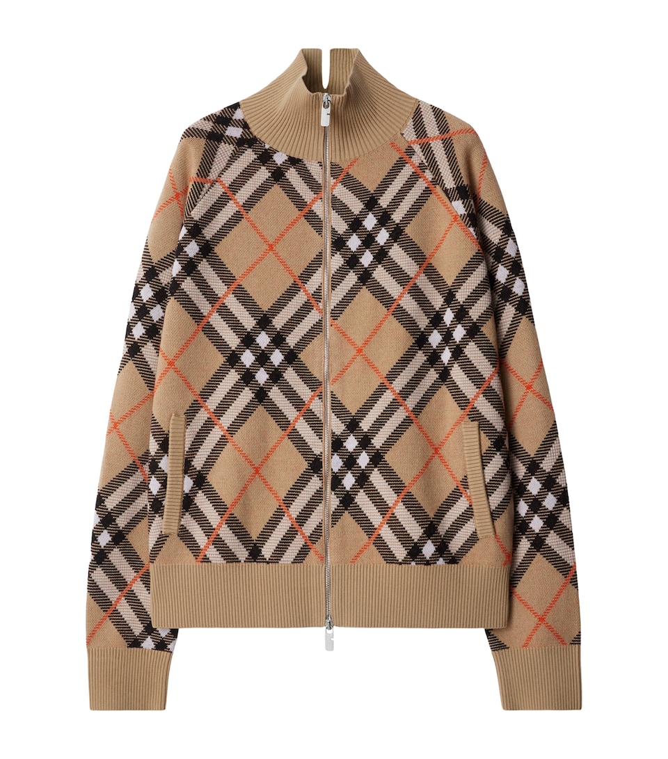 Burberry Mens Wool-Blend Check Knit Jacket Sand Ip Check