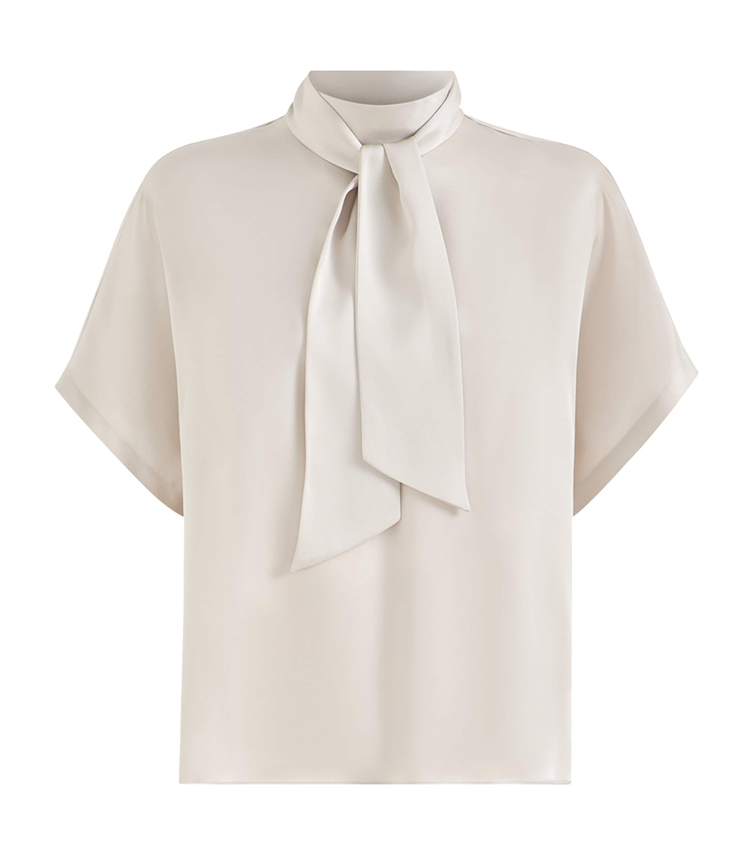 Brunello Cucinelli Womens Silk Satin Tie-Neck T-Shirt Pebble