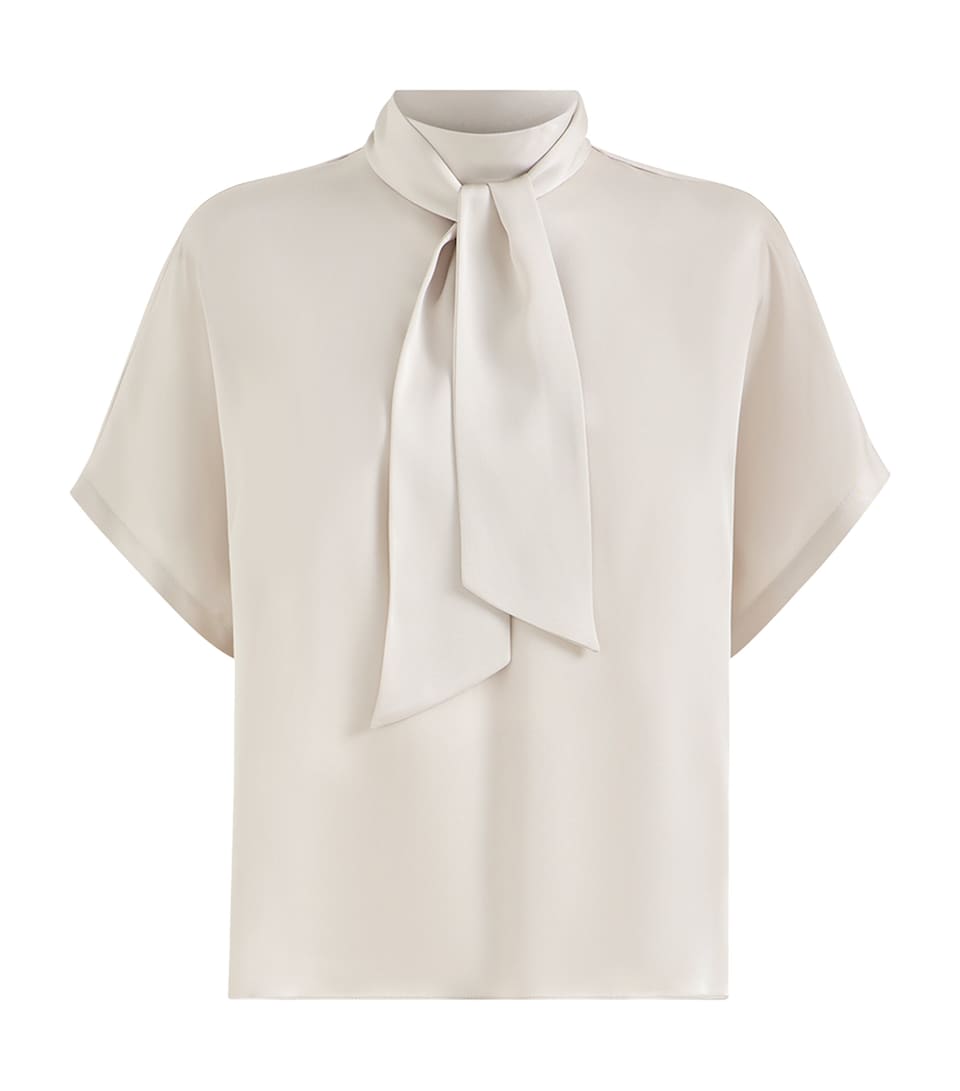 Brunello Cucinelli Womens Silk Satin Tie-Neck T-Shirt Pebble