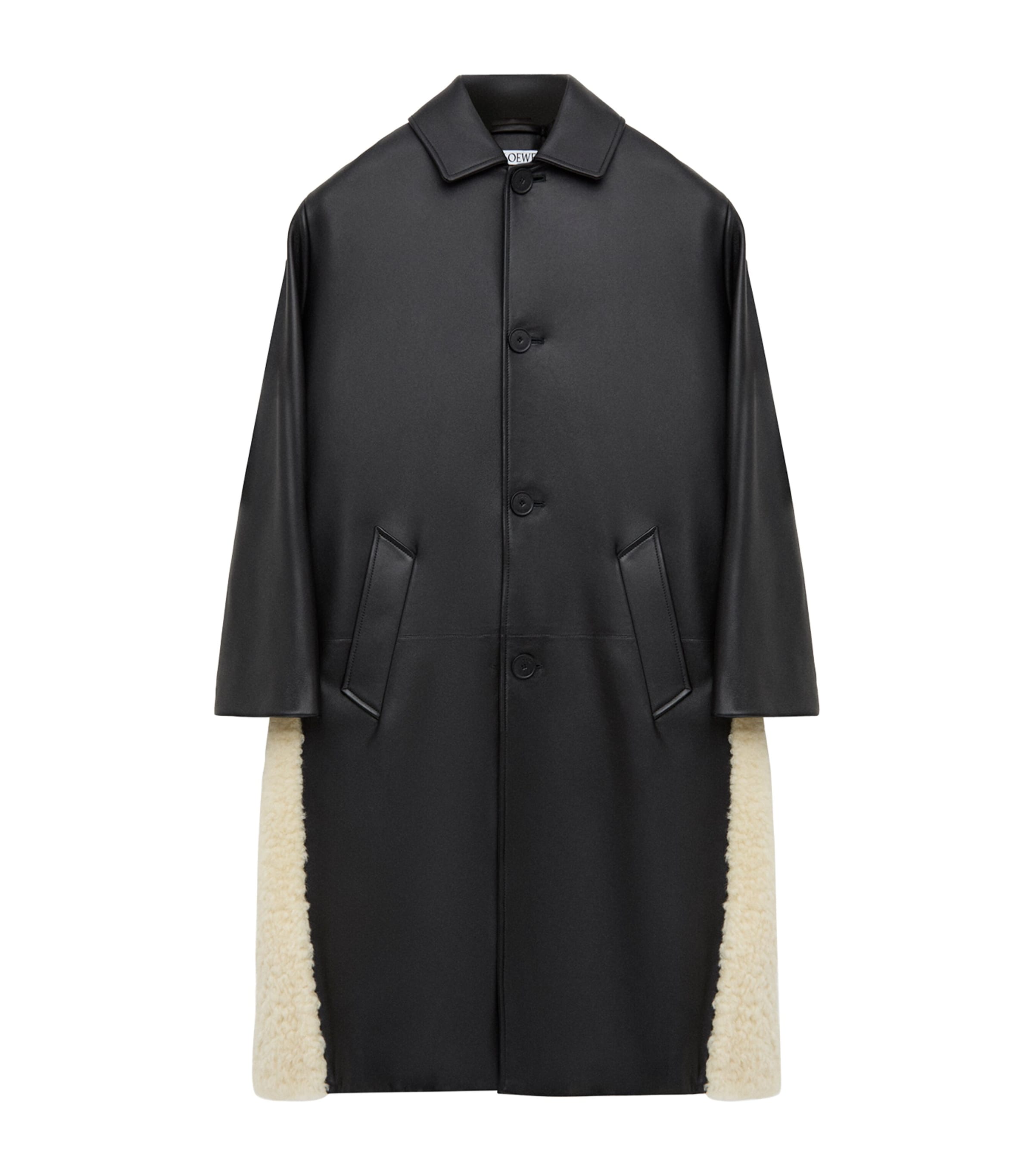 LOEWE Womens Nappa Lambskin Shearling-Trim Coat Black